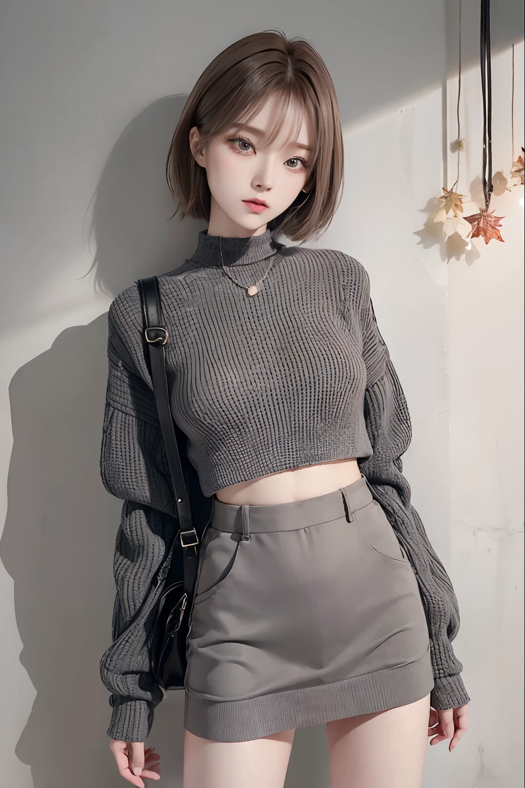 Top image quality、Raw photography、超A high resolution、An 18-year-old woman、Shooting for one person only、modelshoot、Autumn outfit、Fashionable clothes、Beautiful Eyes of Details、very elongated eyes、Beautiful eyelashes、Beautiful double eyelids、very slender legs、Shorthair with light brown hair、very slender physique、Gray walls