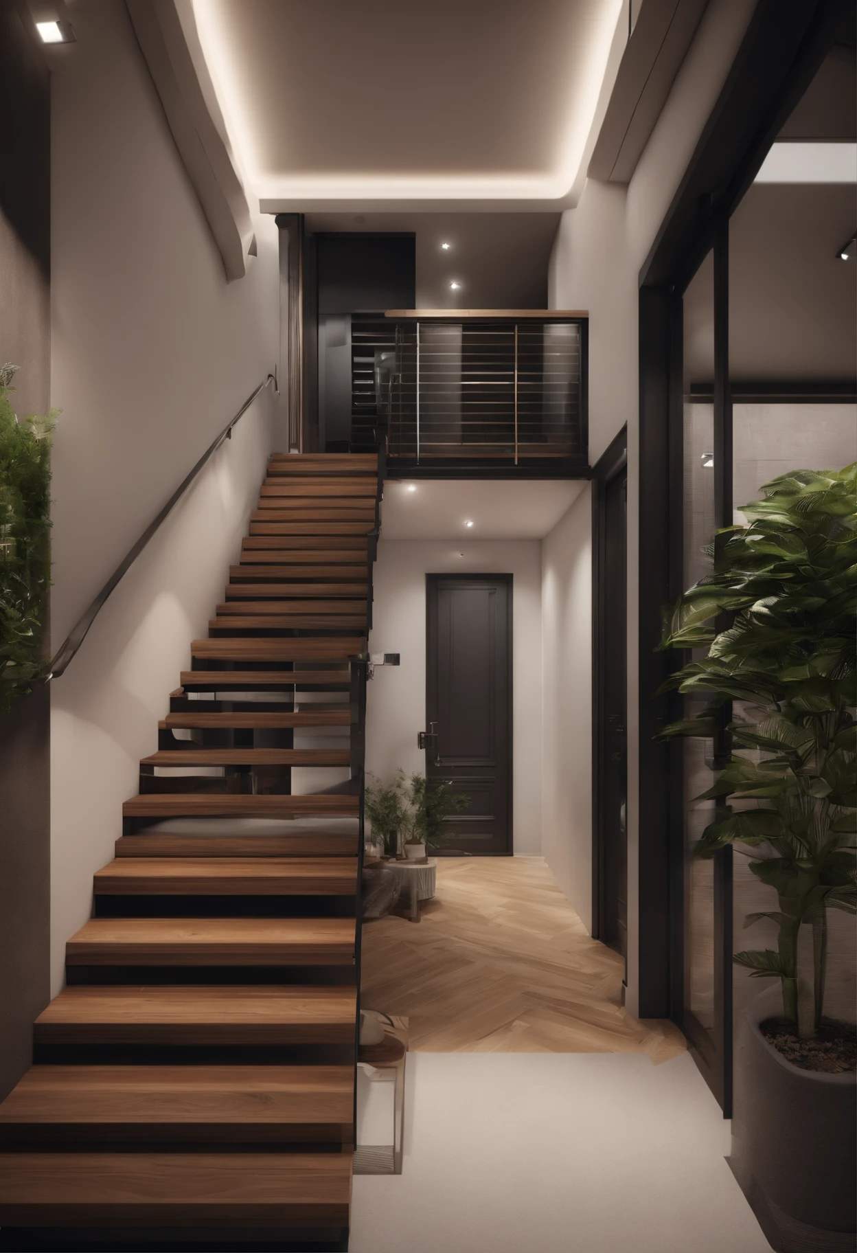 A plan of apartment with a unique layout of 5m x 15m, featuring 3 small private rooms, a small staircase, and a small elevator. The design will be simple yet visually stunning, using affordable materials.