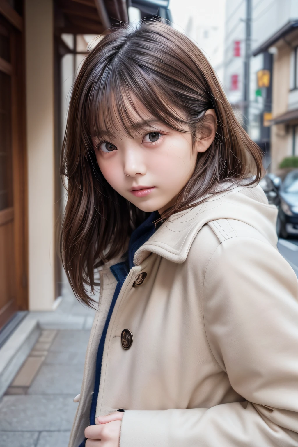 (Top image quality、8K、​masterpiece：1.3))、Realistic high-quality photos、top-quality、girl cute-fine face、 beautiful Japan girl、Photo of slim little girl model、Beautiful girl model、young japanese girl、Young cute face、japanaese girl、13-year-old maldel、Btiful Model Girl、The innocent look of the girl next door、lovely delicate face、Brown hair、Beautiful brown eyes、Tear bag、drooing eyes、young body、Duffel coat