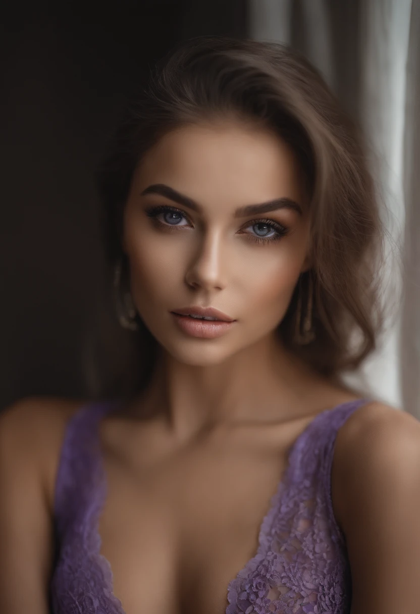 Arafed woman completely , fille sexy aux yeux bruns, ultra realist, Meticulously detailed, Portrait Sophie Mudd, cheveux bruns et grands yeux, selfie of a young woman, Dubai Eyes, Violet Myers, sans maquillage, maquillage naturel, looking straight at camera, Visage avec Artgram, Maquillage subtil, Superbe photo du corps entier, debout dans la chambre, Medium to large bust, See through lace underwear
