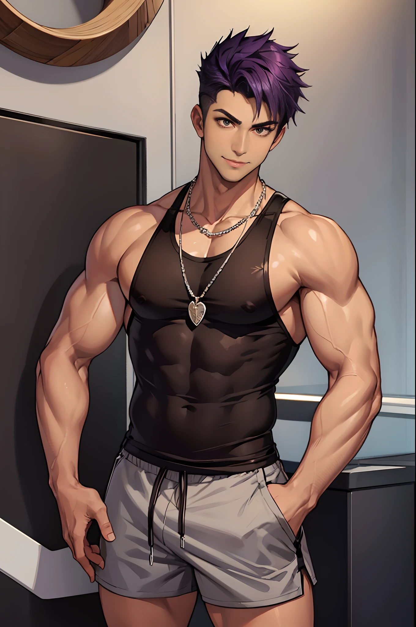 Olive brown skin, wild spiky dark purple hair that sticks up, extremely tight tank top, really short board shorts, silver chain necklace, masculine, gentle smile, guy, male, sharp jawline