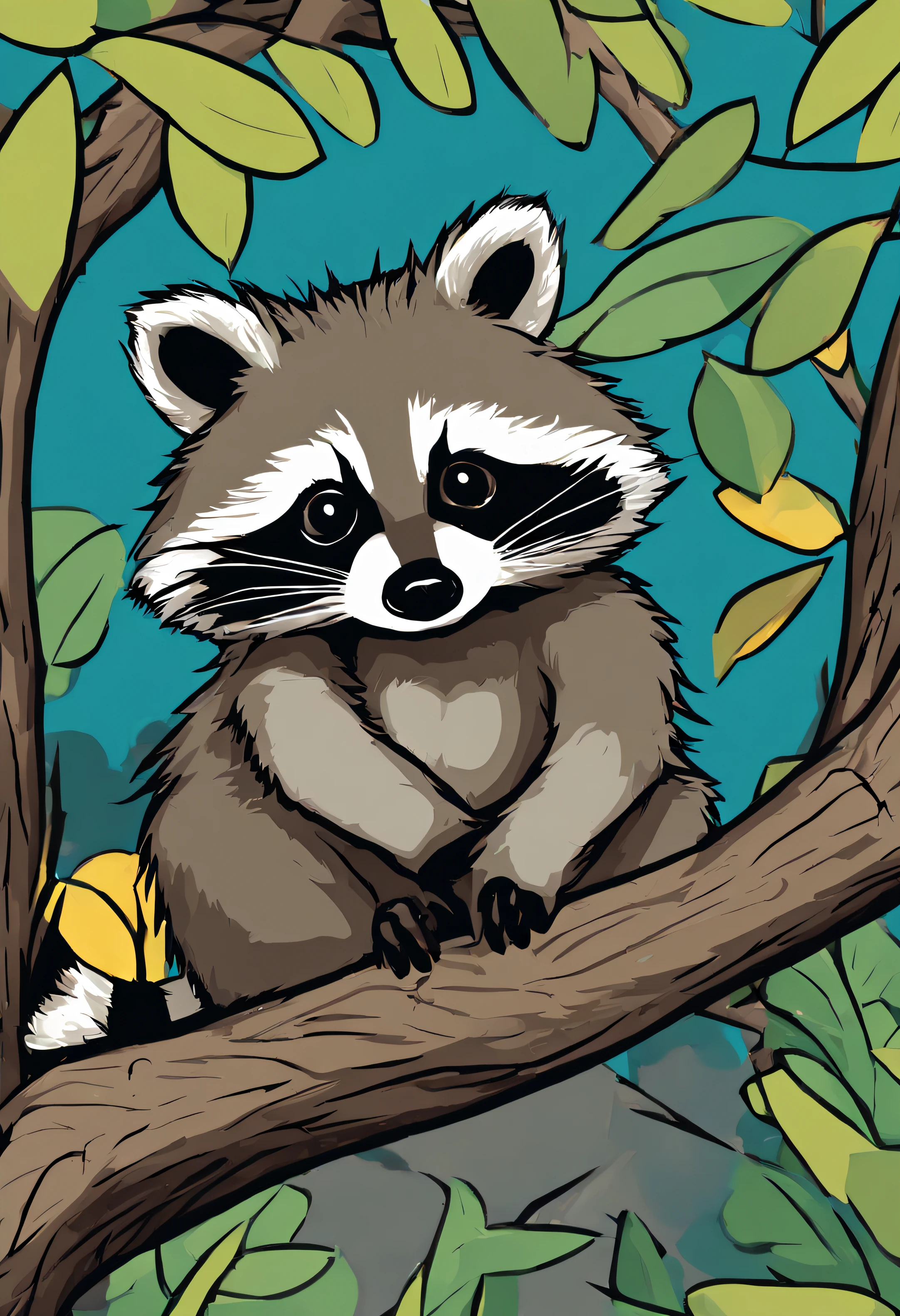 Create a playful and colorful image of a raccoon on an adventure! Raccoons are great climbers! They can climb trees, fences, and houses. If you spot one on your roof, they're just looking for a better view. Show the raccoon exploring, with a mischievous grin, as it climbs something fun. Make it a delightful scene that kids aged 3-7 would love to color