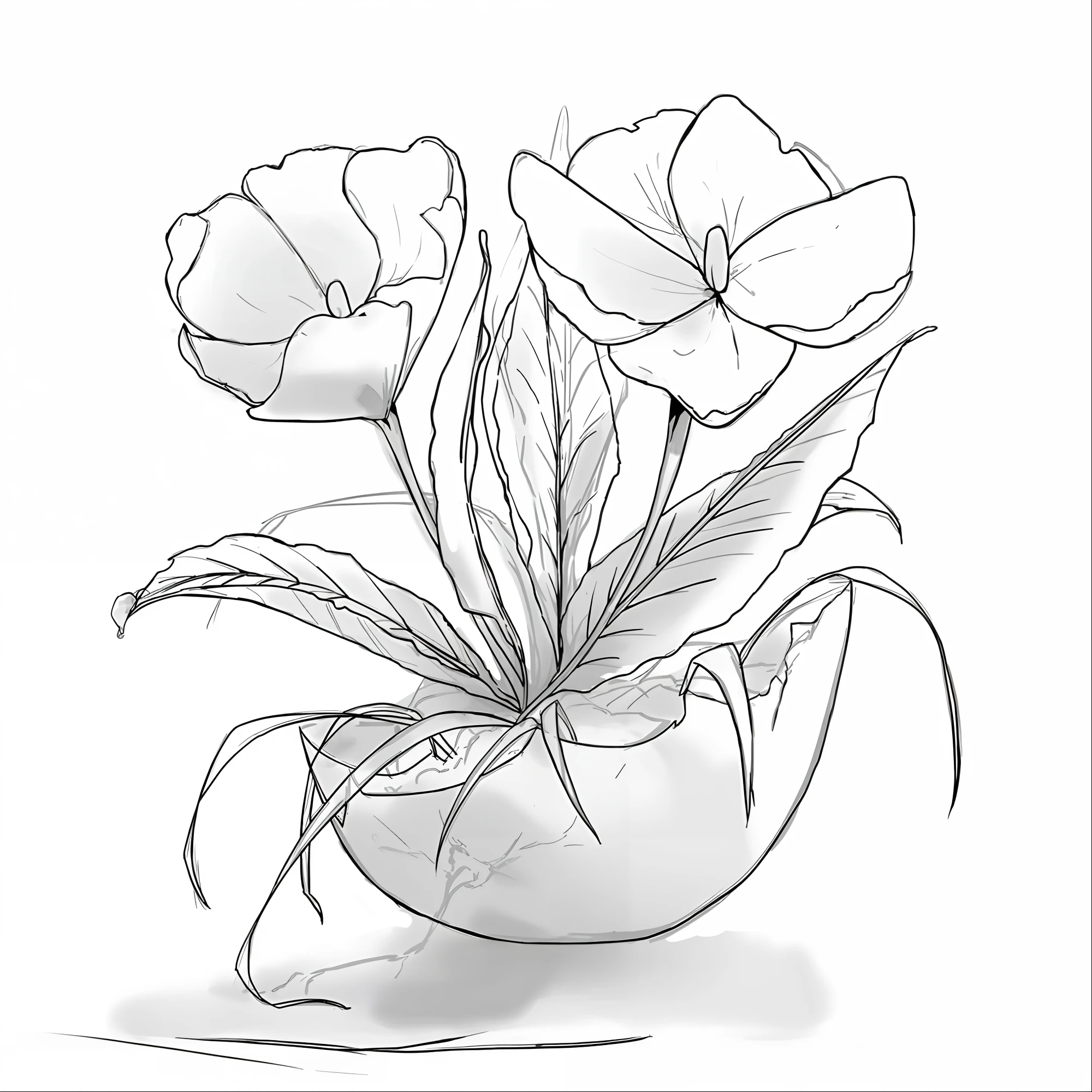 Draw a vase on a white background，There are flowers inside, inspired by Carpoforo Tencalla, in a short round glass vase, vase with flowers, inspired by Aleksander Orłowski, Line - Art, traditional drawing style, detailed but rough, Digital drawing, ink and screentone, Inspired by Stanisław Maasławski