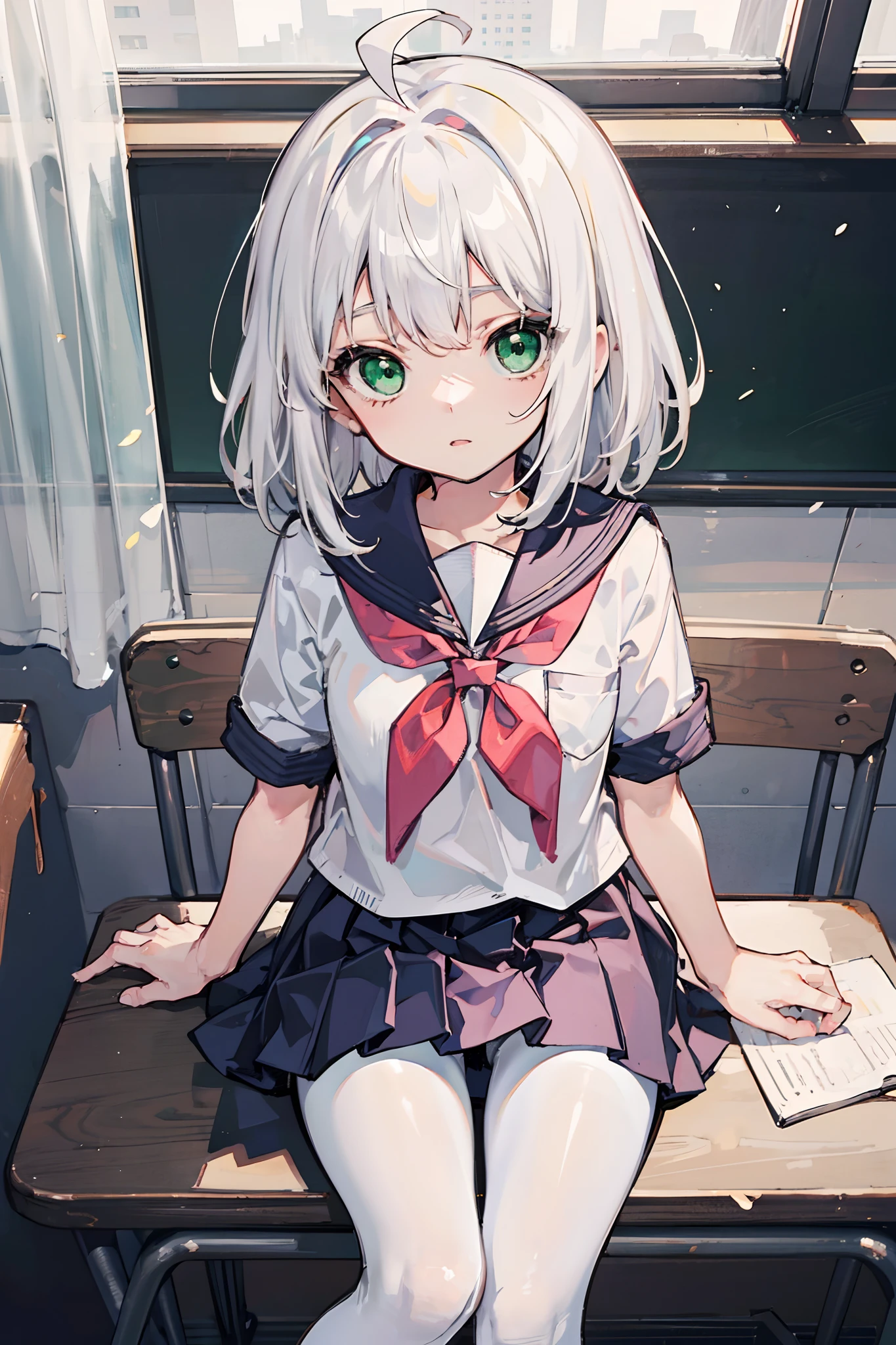 Masterpiece,Best quality,cute female ,Medium hair, White hair, ahoge, Green eyes, White pantyhose,school uniform