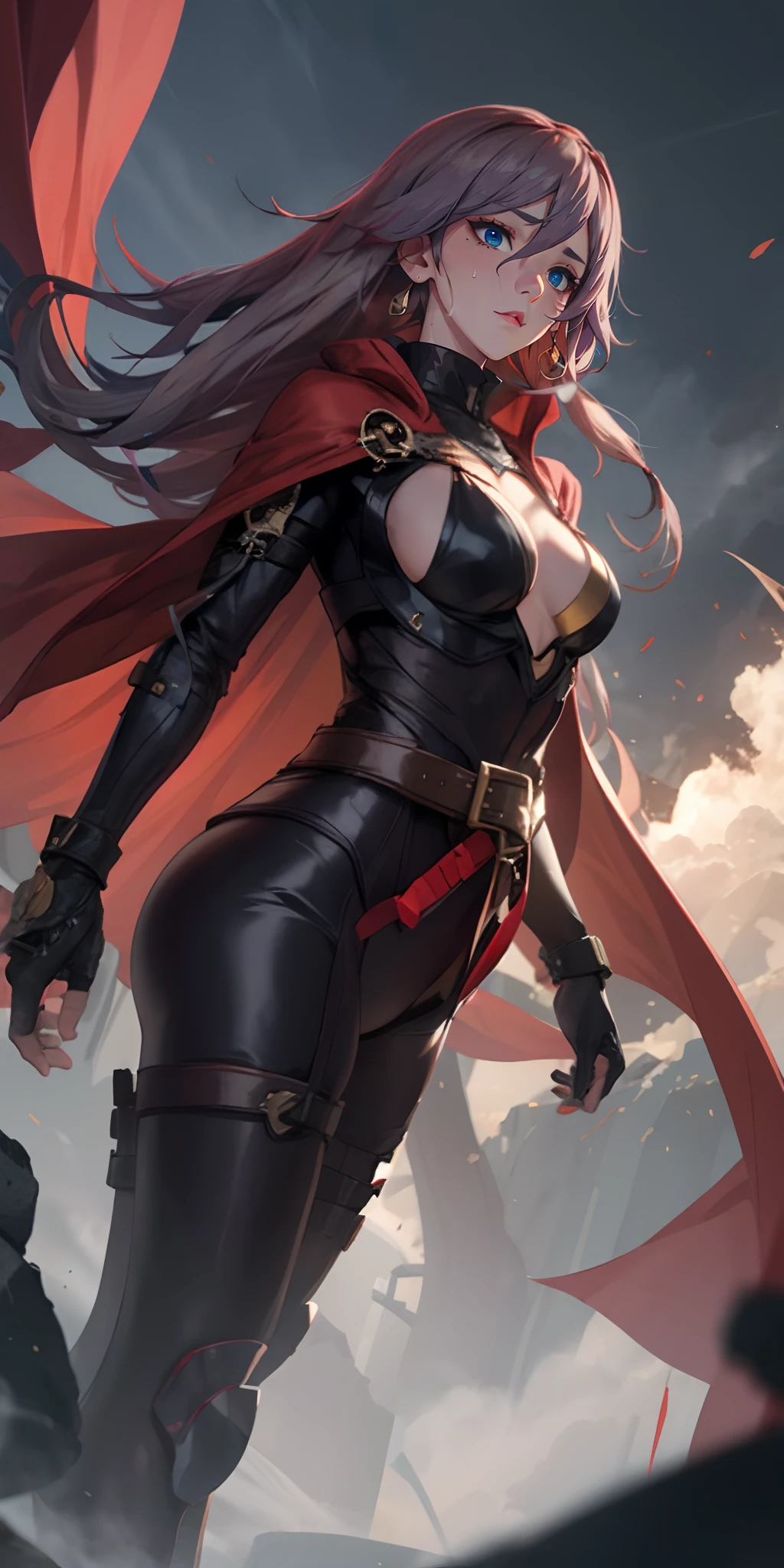 (long hair, grey hair:1.4), (plump:1.2), breast press, steaming face, fog, (heavy breathing:1.4), chain, cape, bodysuit, red_cape, breasts, black_bodysuit, solo, belt, large_breasts, looking_at_viewer, gloves, cleavage, cloud, sky, outdoors, popped_collar, wind, parted_lips, standing, medium_breasts, glow effects, godrays, Hand drawn, render, 8k, octane render, cinema 4d, blender, dark, atmospheric 4k ultra detailed, cinematic, Sharp focus, big depth of field, Masterpiece, colors, 3d octane render, 4k, concept art, trending on artstation, hyperrealistic, Vivid colors, extremely detailed CG unity 8k wallpaper, trending on CGSociety, Intricate, High Detail, dramatic