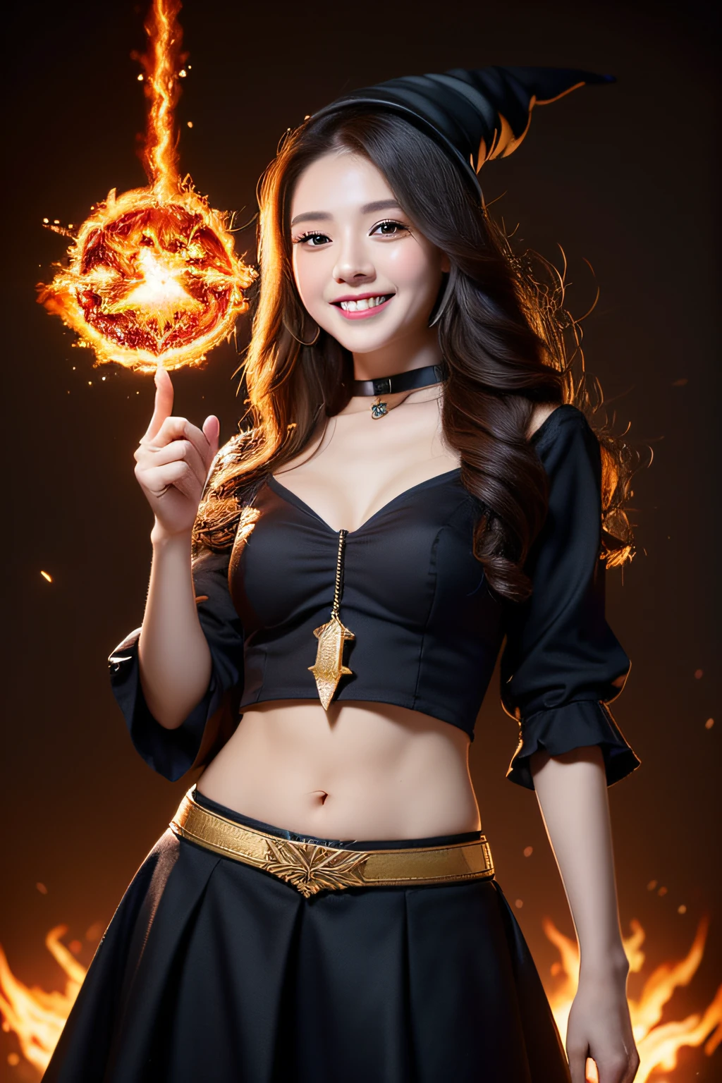 ((Best Quality, 8K, Masterpiece: 1.3)),Sharp: 1.2,Perfect Body Beauty: 1.4,cute girl,Highly detailed face and skin texture,detailed eyes,double eyelids,smile,slit tight skirt,((fantasy)),((witch)),pointing finger,((using fireball magic)),wide shot