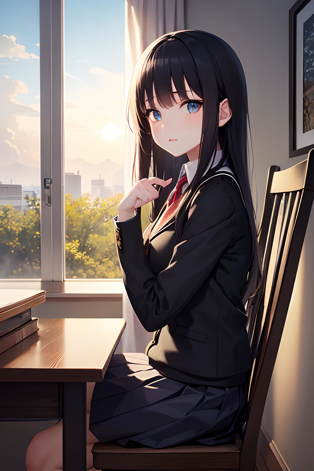 a beautiful junior high school student, (sit straight ),cute, uniform and skirt, (lustrous and black long hair),(bright eyes) ,gradient eyes, (sun light came in through the windows),(anime style),(CG), atmospheric perspective, masterpiece,((from side)), accurate, ((best quality)), high quality, super detail, high details, anatomically correct, highRes, 1080p