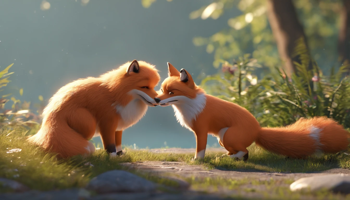 create a dog protecting a fox, Disney style.
