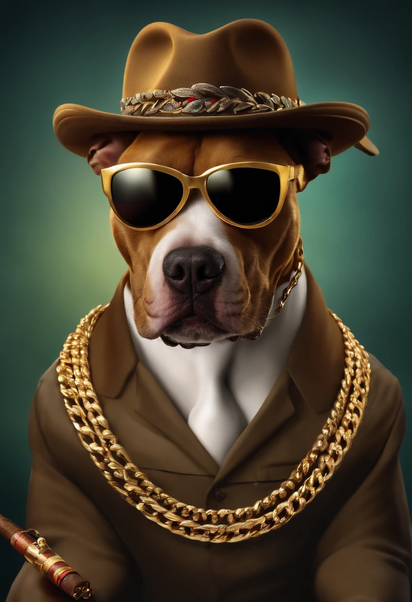 A pitbull wearing a blue suit with a white frilly shirt, a dollar necklace and platform shoes. Smoking a joint.