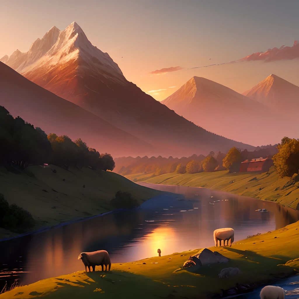 In the mountainous setting of Judea, the setting sun bathed the hills in a golden hue. On the banks of a serene stream, the young shepherd David watched his flock of sheep grazing peacefully. He had dark hair, eyes full of determination, and a carefully braided base on his belt.