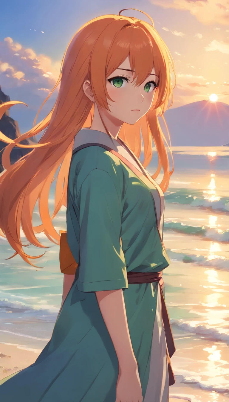 anime girl with long orange hair standing on beach near ocean, green eyes detailed digital anime art, anime girl with long hair, smooth anime cg art, anime girl with long hair, digital anime art, artwork in the style of guweiz, beautiful anime portrait, photorealistic anime girl render, beautiful anime girl, advanced digital anime art, guweiz on artstation pixiv upscale HD UHD HQ