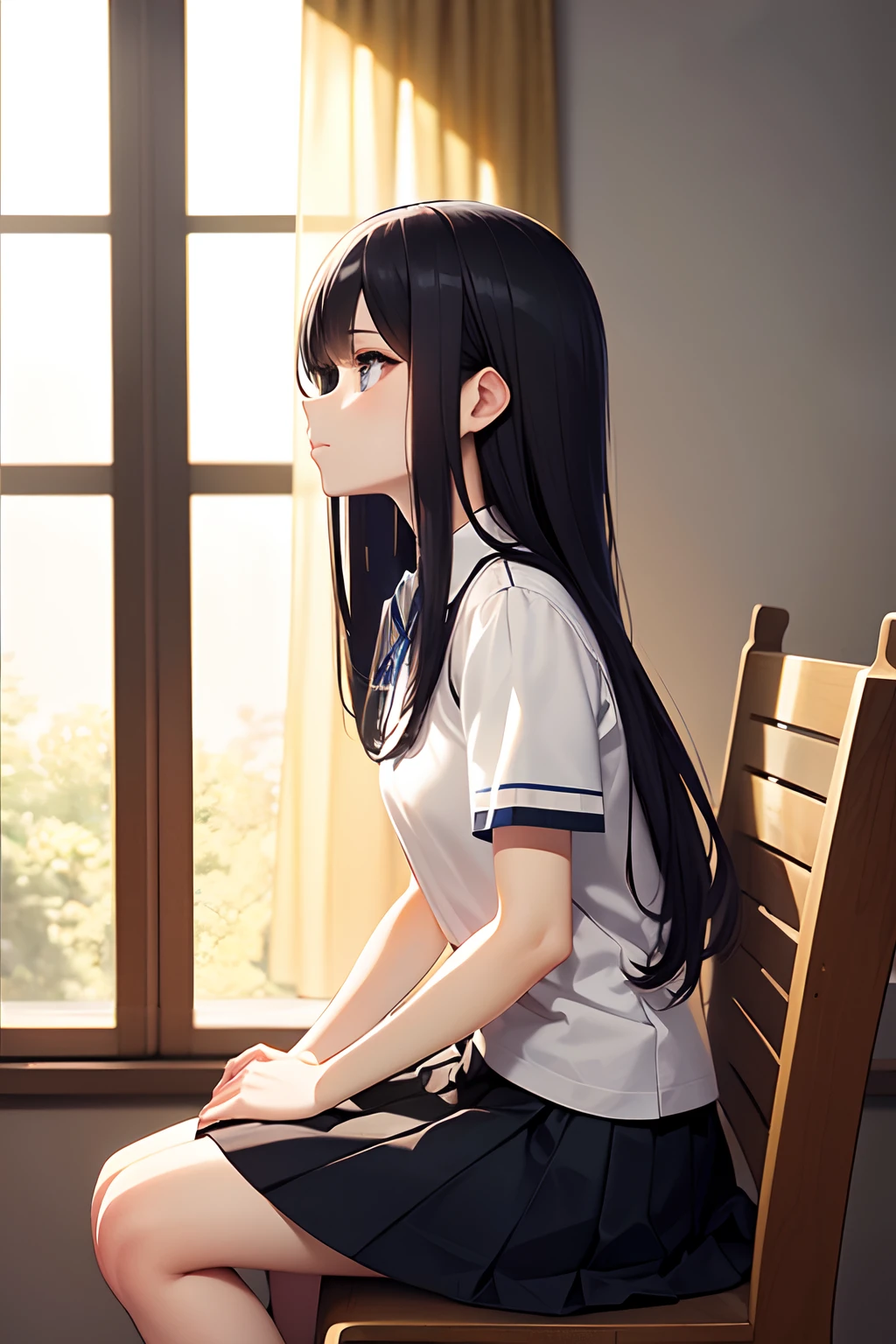 a beautiful junior high school student, (sit straight ),cute, uniform and skirt, (lustrous and black long hair),(bright eyes) ,gradient eyes, (sun light came in through the windows),(anime style),(CG), atmospheric perspective, masterpiece,((from side)), accurate, ((best quality)), high quality, super detail, high details, anatomically correct, highRes, 1080p