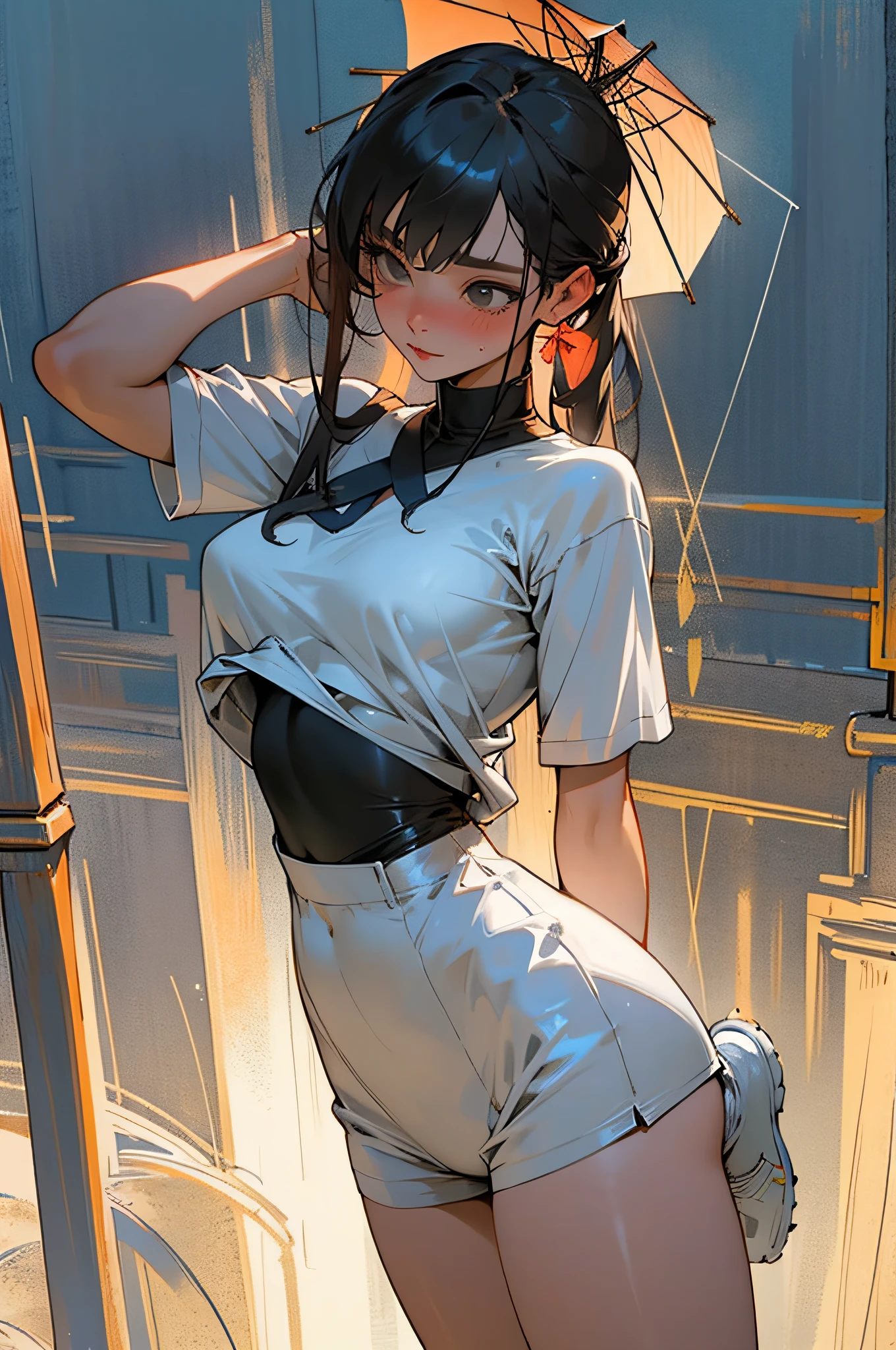 master-piece, beste-Qualit, Very Delicate and Beautiful Girl., Ultra-high detail, high-detail, beste-Qualit,Bright light, straw rope, mystery, rain, Thai silk, wet body, dirty shirt, housewife, red syrup, girl in exercise clothes, showing off her legs, posing as a model.