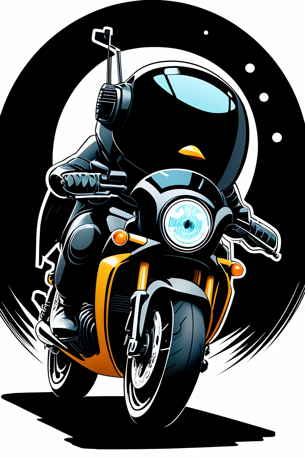Imagine Prompt、black backgrounds、Illustration of a robot penguin、a sticker、Bold outline style、Riding a motorcycle、