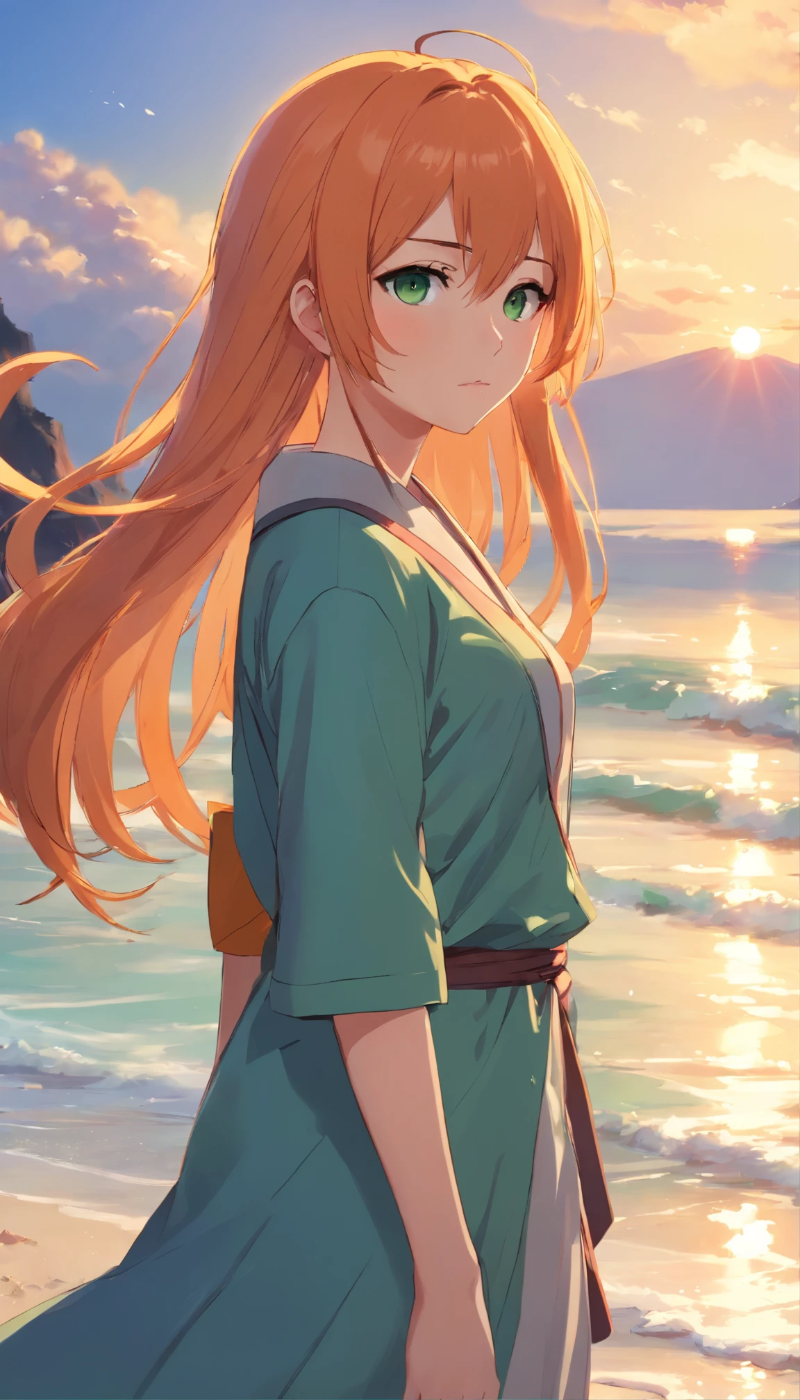 anime girl with long orange hair standing on beach near ocean, green eyes detailed digital anime art, anime girl with long hair, smooth anime cg art, anime girl with long hair, digital anime art, artwork in the style of guweiz, beautiful anime portrait, photorealistic anime girl render, beautiful anime girl, advanced digital anime art, guweiz on artstation pixiv upscale HD UHD HQ