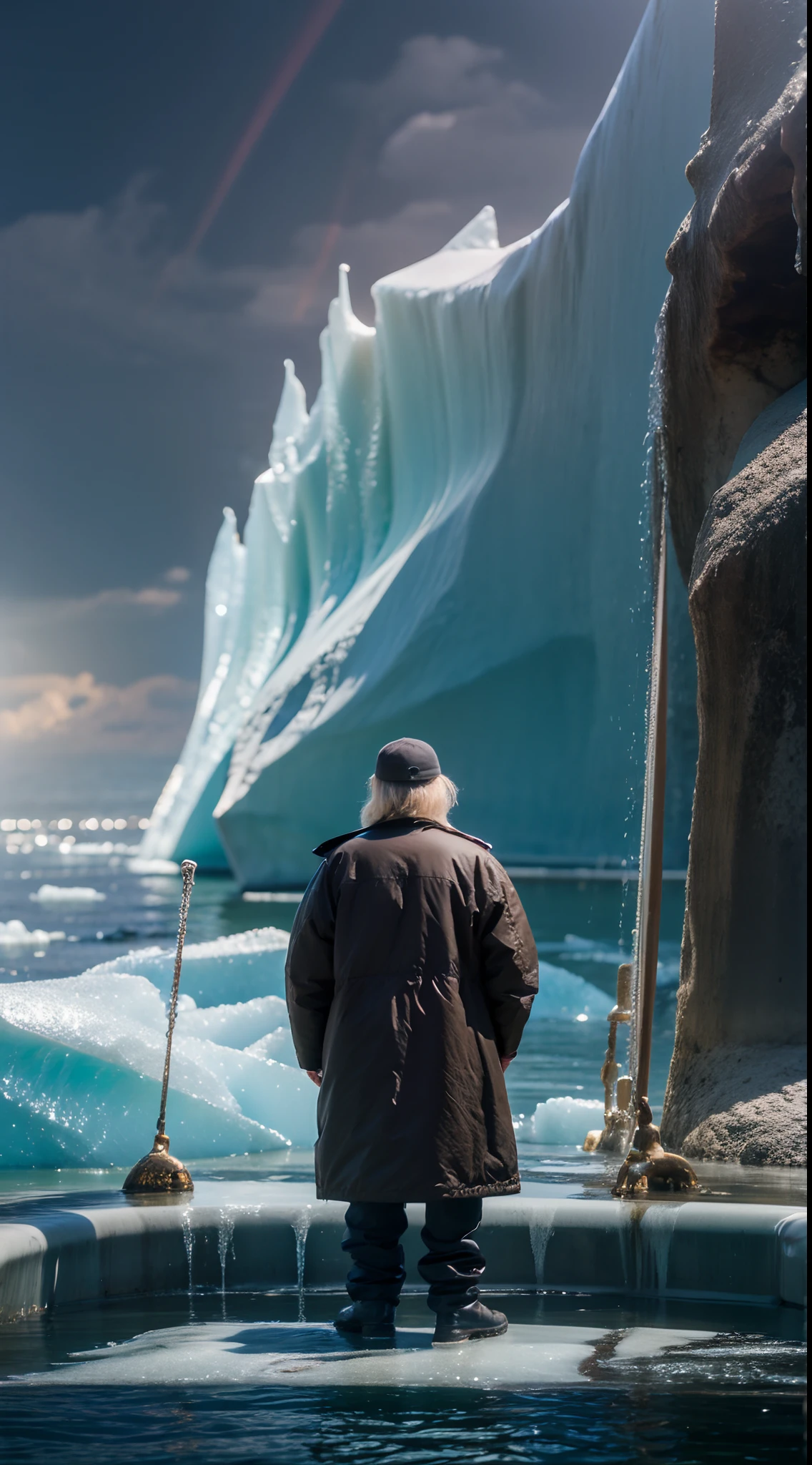 Old captain of a ship looking at icebergs in front of him with him on his back, oil painting by Johannes Vermeer and Edward Hopper – n 4 d 5 0 k trend in artstation dramatic lighting modernism resolution 8k detailed high detail sharp focus illustration cyberpunk 2d 6 engine very highly aesthetic octane render beautiful volumetric concept nebulous realistic atmosphere light dark brightness background contrast hyperrealistic unreal depth perception premium