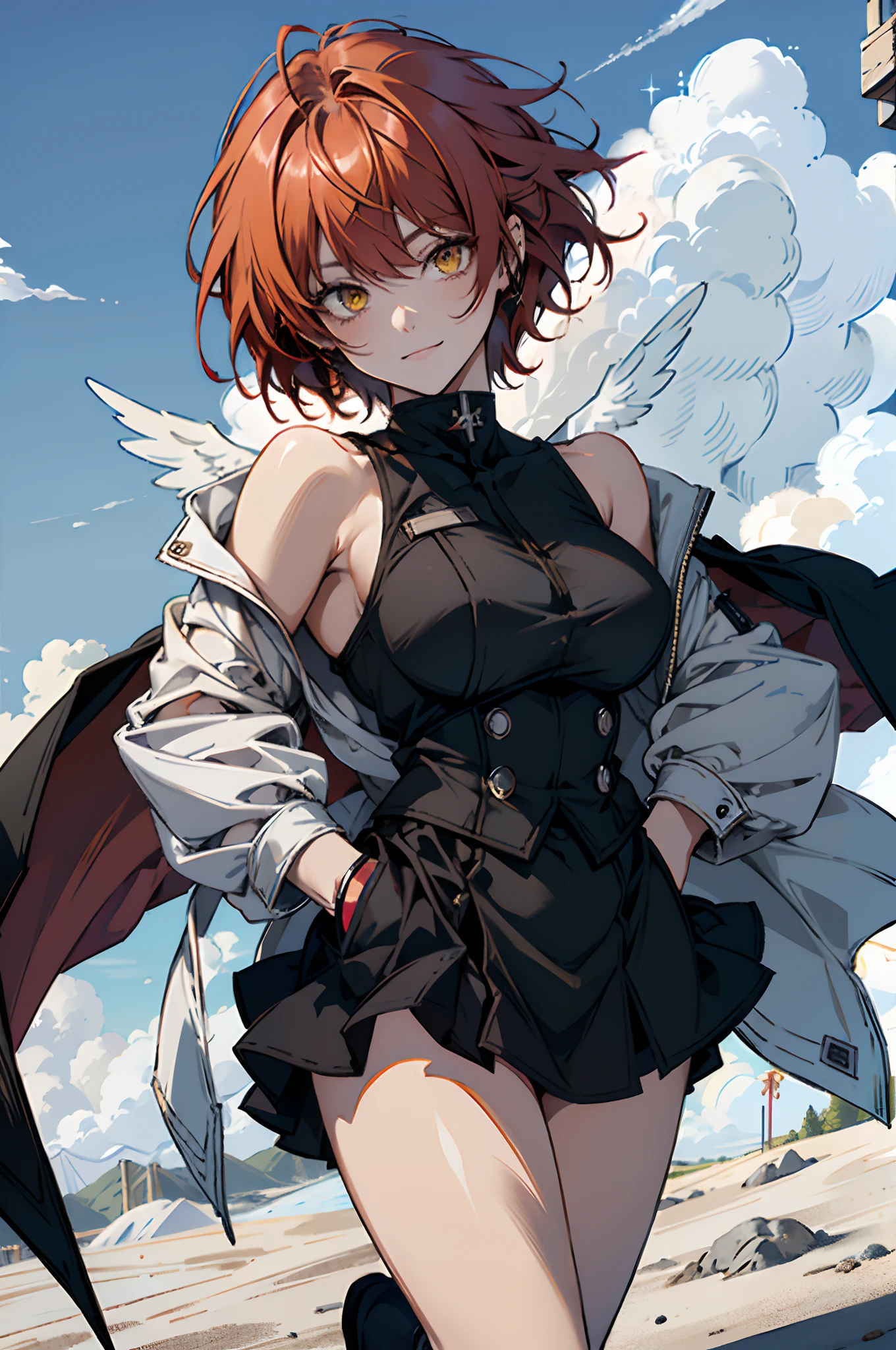 Pure sky,Plump legs,Anime girl standing gracefully on the ground,Black cape and red hair, rogue anime girl, Anime girl standing, Wearing a cloak on the blasted plain, asuka suit under clothes!, angel girl, badass posture, mechanic punk outfit, anime styled 3d, render of a cute 3d anime girl, gapmoe yandere grimdark, Female character,musculature,Abs,glowing bright yellow eyes,Bright red hair,short detailed hair,Dull hair,(Muscle 2.0),Tomboyish,Be red in the face,looking at viewert,Elaborate Eyes,huge tit,1.5,Put your hands in your pockets,ssmile,blacksilk,Straight big breasts,strappy,Black hot miniskirt,White bandeau,Toothless smile,Lower breast,Mechanical wind,There are no cities,Side breasts,Excitation,Top crotch,Sexy lower abdomen,extremely large bosom,High-fork panties,looking at viewert,nabel,chest-hugging,The halo,dynamicposes,Tall anime girl,cropped shoulders,Clean and pure sky,Place the index finger of your right hand in front of your mouth,over knee socks,Half-off white cloak,Ark of Tomorrow,Can angel