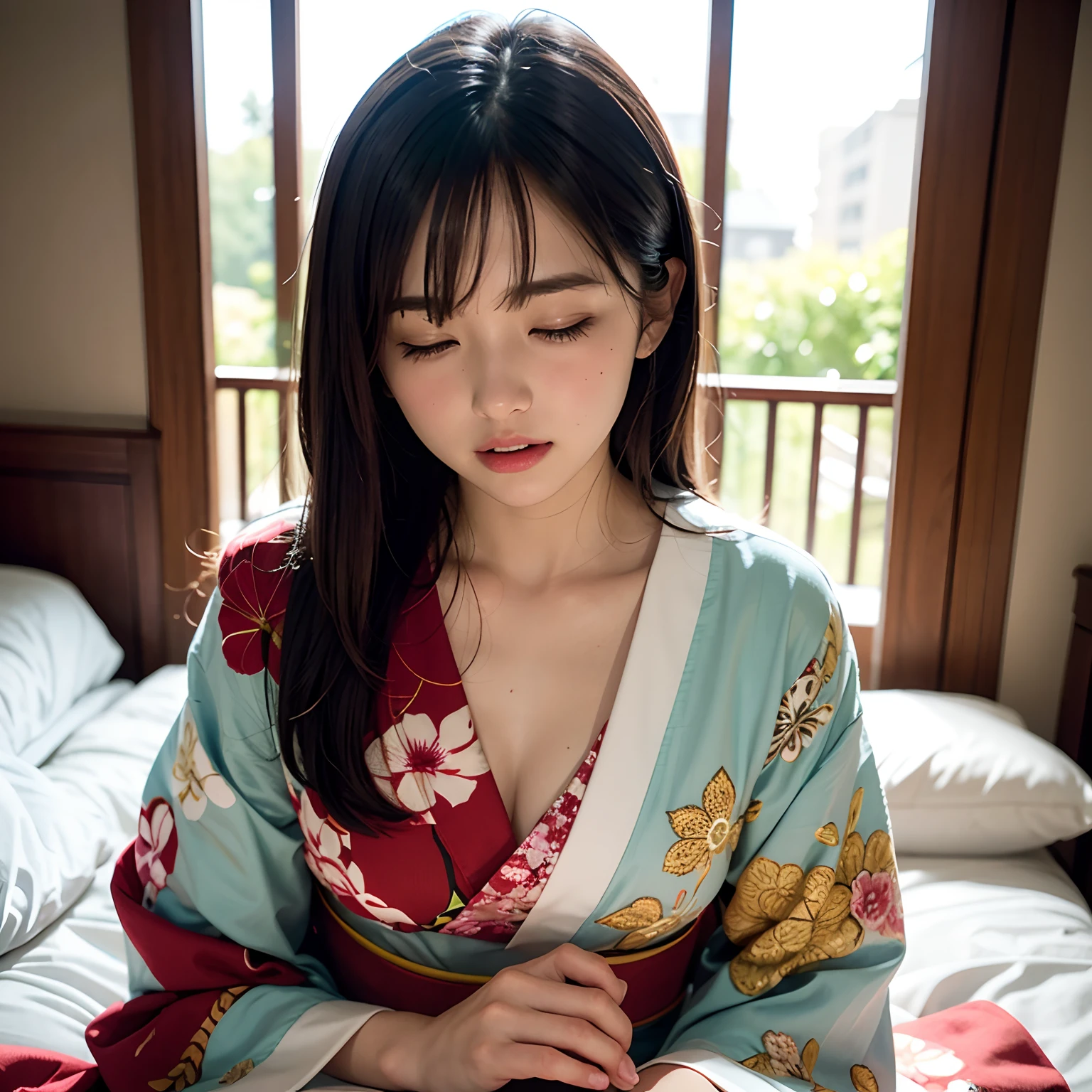 (masutepiece, Best Quality:1.2), 8K, Official art,on the bed、laying on back、Elbows next to face、open one's legs、The dim、 cum on、cum on、cum on、feels good、Raw photo with both eyes closed, kawaii faces、full body Esbian、Kimono、Facing up、skinny、14years、small tits、Eyes closed、Deep sadness、Sorrow、look up sky、Opening Mouth、screeming、 unbelievable Ridiculous, (Upper body, Kimono), Beautiful Girl, Pretty Face, arching back down、Gold hair ornament on hair、close up,  Short sleeve, gardenia, violaceaess, Teen, Street, Looking at Viewer, Film grain, chromatic abberation, Sharp Focus, face lights, Dynamic lighting, Cinematic lighting, Eyes and faces with detailed, Bokeh background,