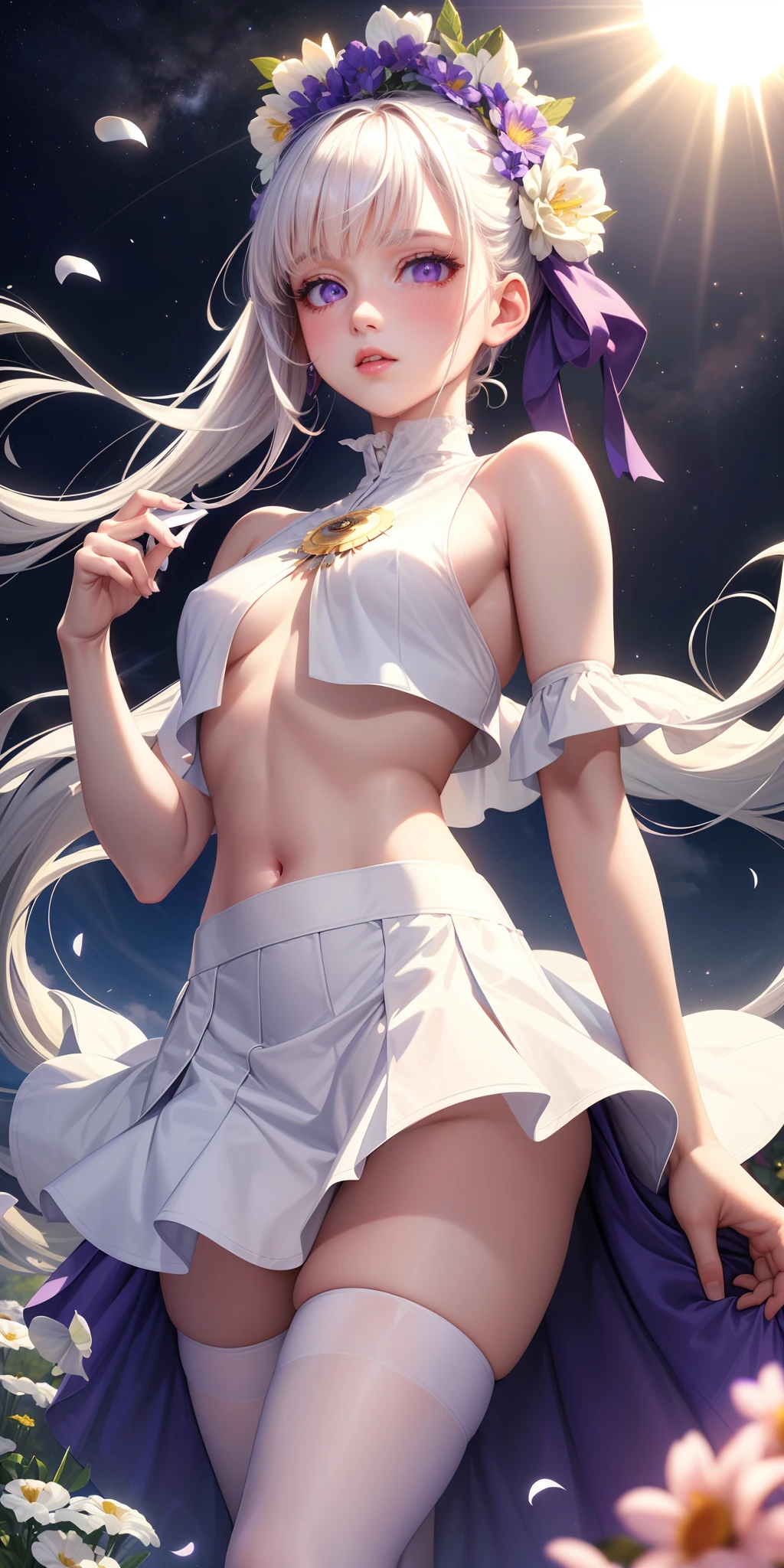 (Masterpiece, Best Quality: 1.2), Ultra-high resolution, realisti, 1girl, white colored hair, violet eyes, gloweyes, crop-top, upskirt, parted lips, blusher, the night, Flowers, sun, Sun light, porcelain skin, little chest