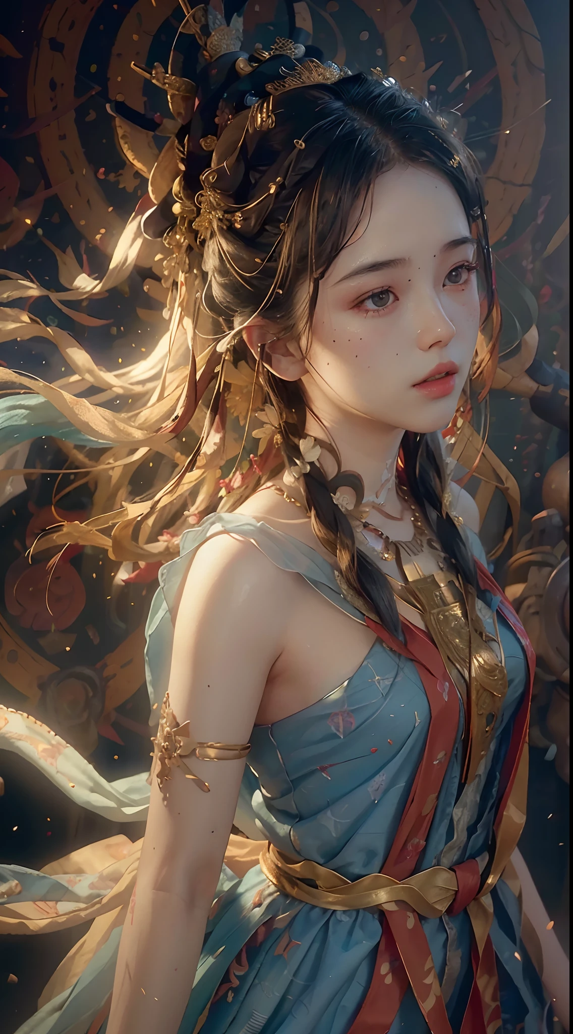(RAW photo, best quality), (realistic, photo-realistic:1.3),best quality,highly detailed,masterpiece,ultra-detailed,illustration,1girl,upper_body,dynamic angle,world masterpiece theater,messy_long_hair,best quality,extremely detailed CG unity 8k wallpaper,ink,Amazing,cinematic lighting,lens_flare,,dunhuang_style