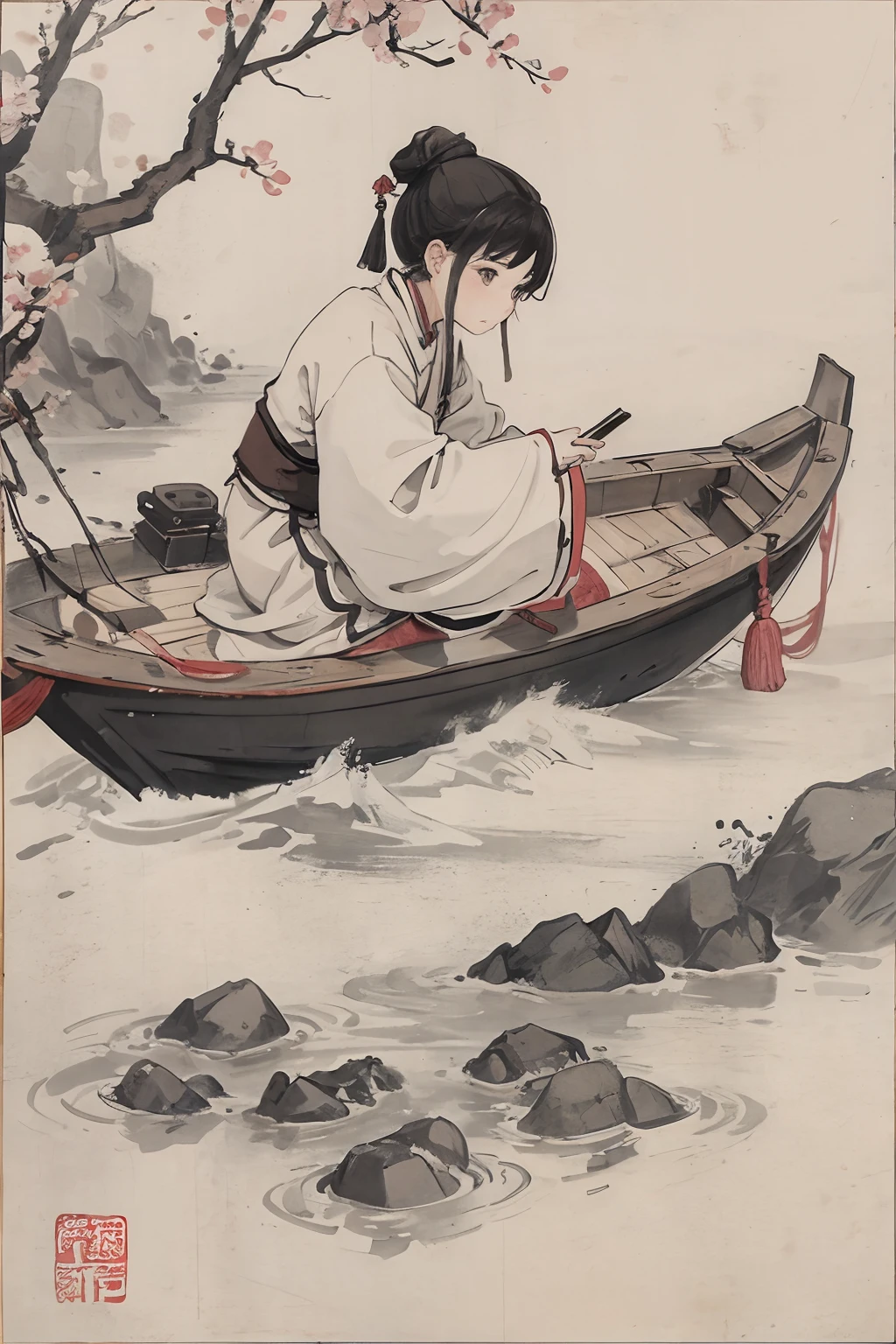 （tmasterpiece，best qualtiy：1.2），Tradition Chinese Ink Painting，child，Small rivers，Boat