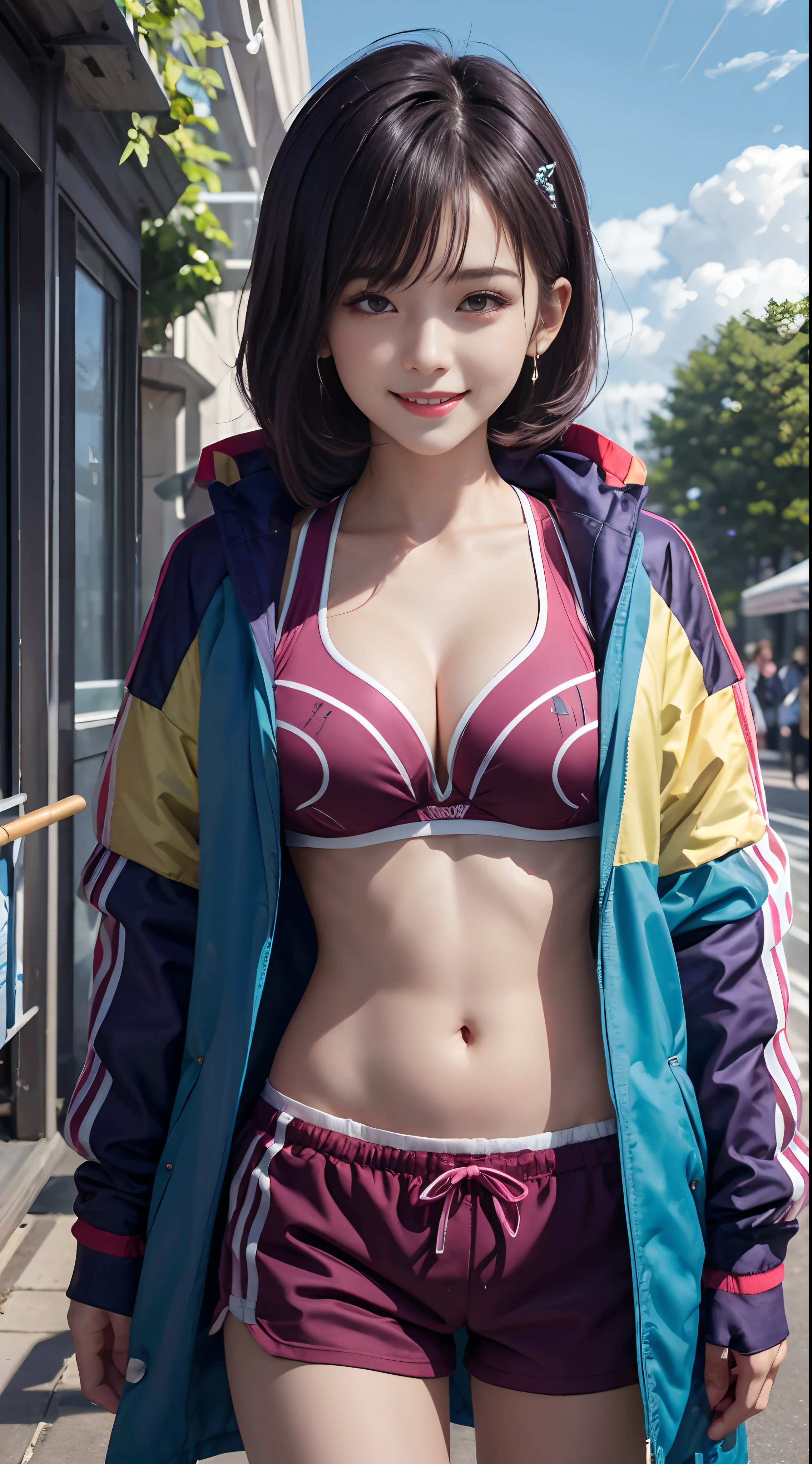 (masterpiece, top quality), intricate details, shizukazom100, 1girl, short hair, dark purple hair, bangs, hair ornaments, hairpins, pink eyes, white pupils, (big boobs), collarbone, blue jacket, sports bra, navel, belly, pink shorts, dynamic poses, sit down, smile, in the park