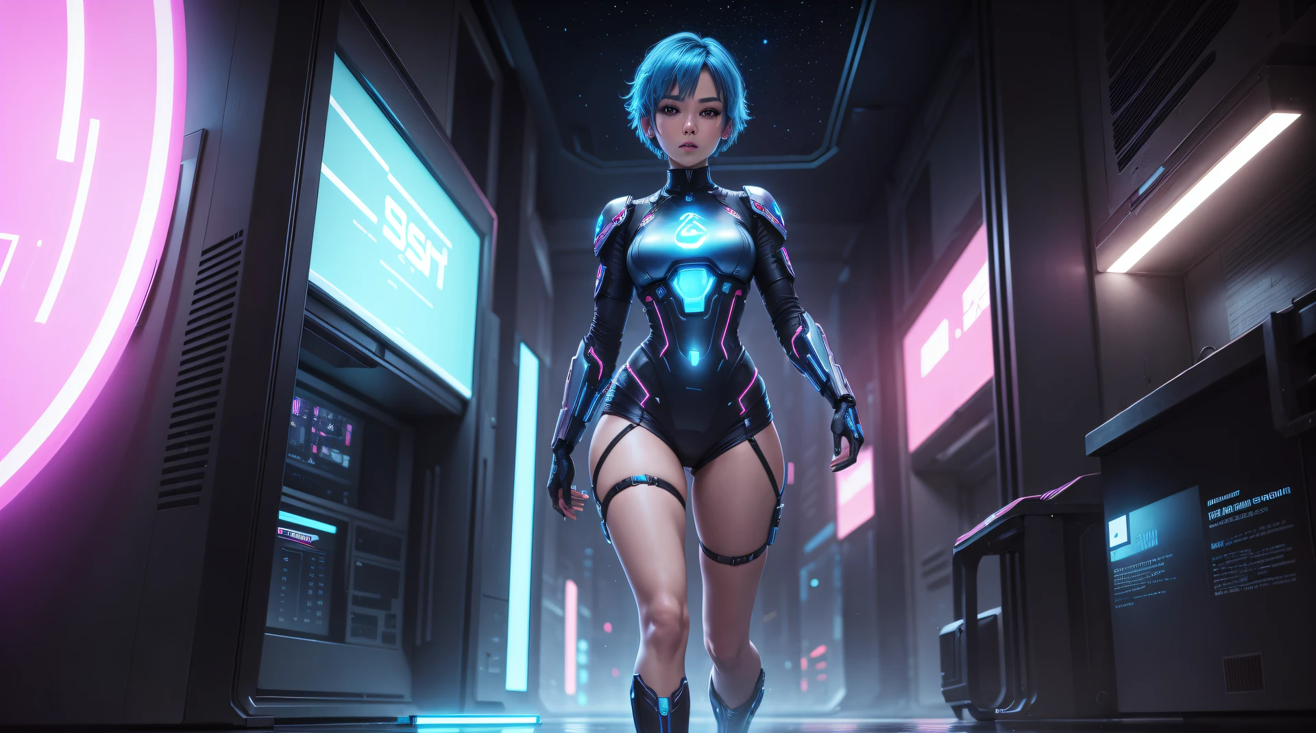 girl, short hair, blue hair, electric, asian, full body, beautiful, sci-fi, galaxy, ultra hd, 8k. desktop wallpaper, neon