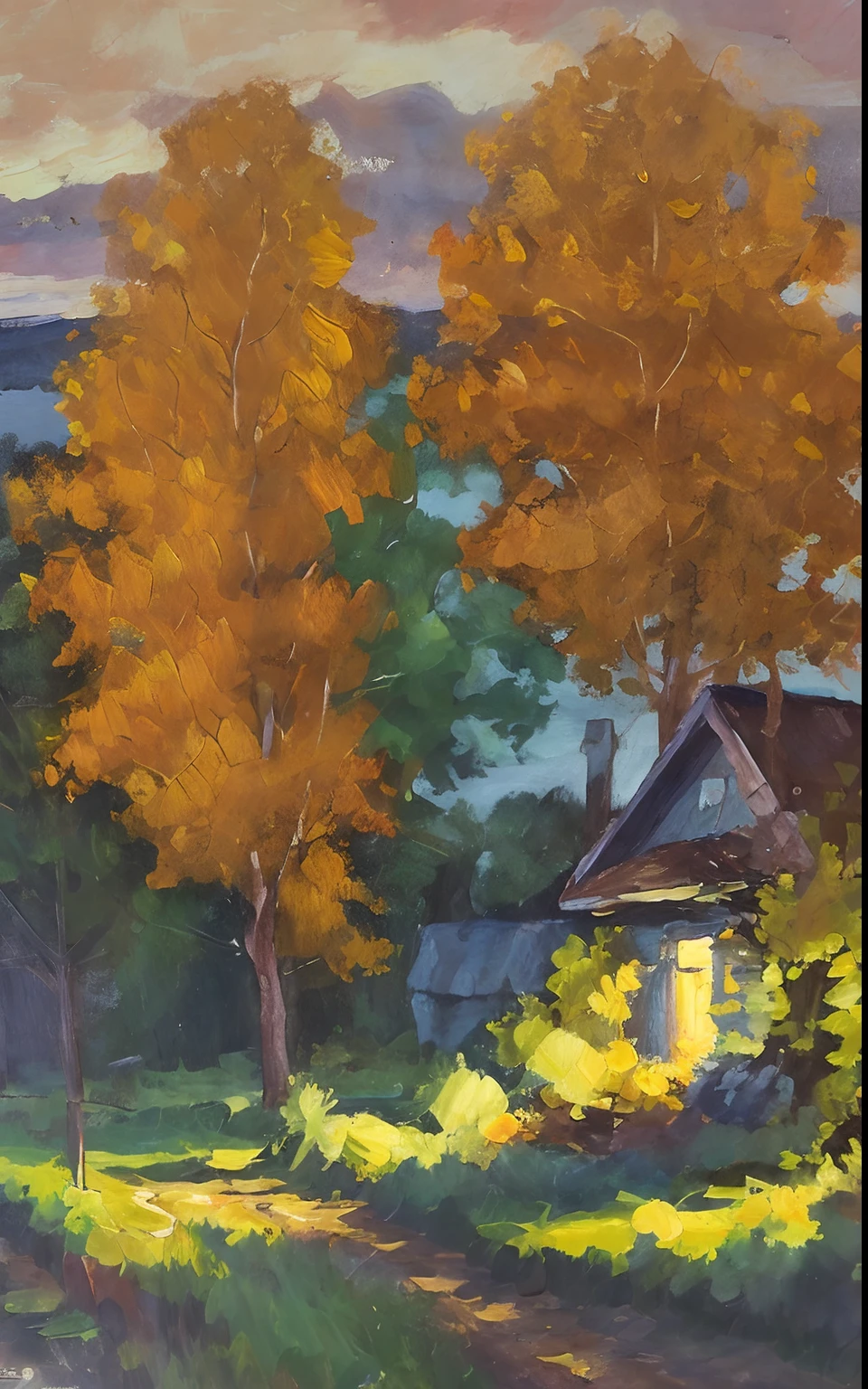 Painting of a house in a field with trees and a sky background - SeaArt AI