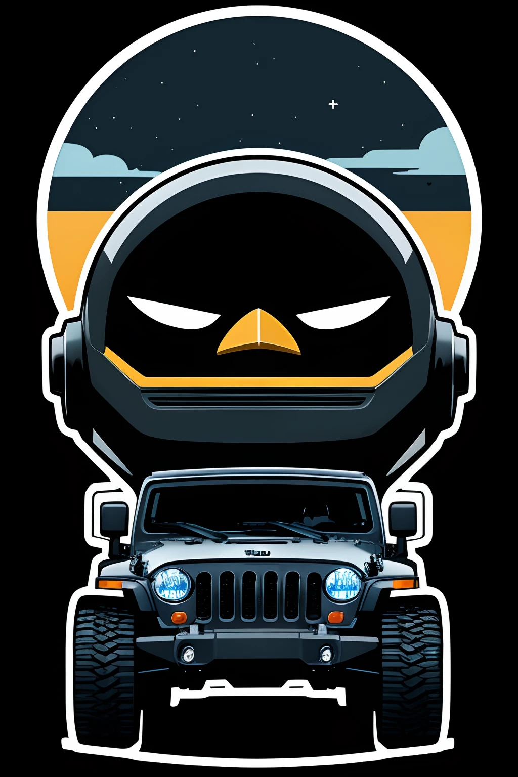 Imagine Prompt、black backgrounds、Illustration of a robot penguin、a sticker、Bold outline style、Jeep ride