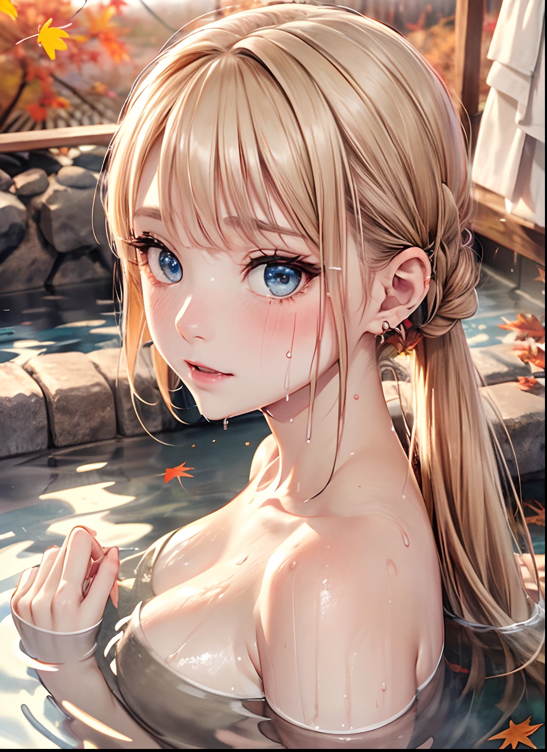 absurderes, ultra-detailliert,bright colour, extremely beautiful detailed anime face and eyes, view straight on, ;D, shiny_skin,25 years old,(Onsen:1.4),(flooded:1.4),(Bath towel:1.2),(Wet:1.4)、(Overflowing hot tub),Short hair,asymmetrical bangs, Blonde hair with short twin tails, Shiny hair, Delicate beautiful face, red blush、(Deep Blue Eyes:1.3), White skin, hair clips, earrings,(Lots of autumn leaves:1.4),Beautiful cloud, Dusk sky,