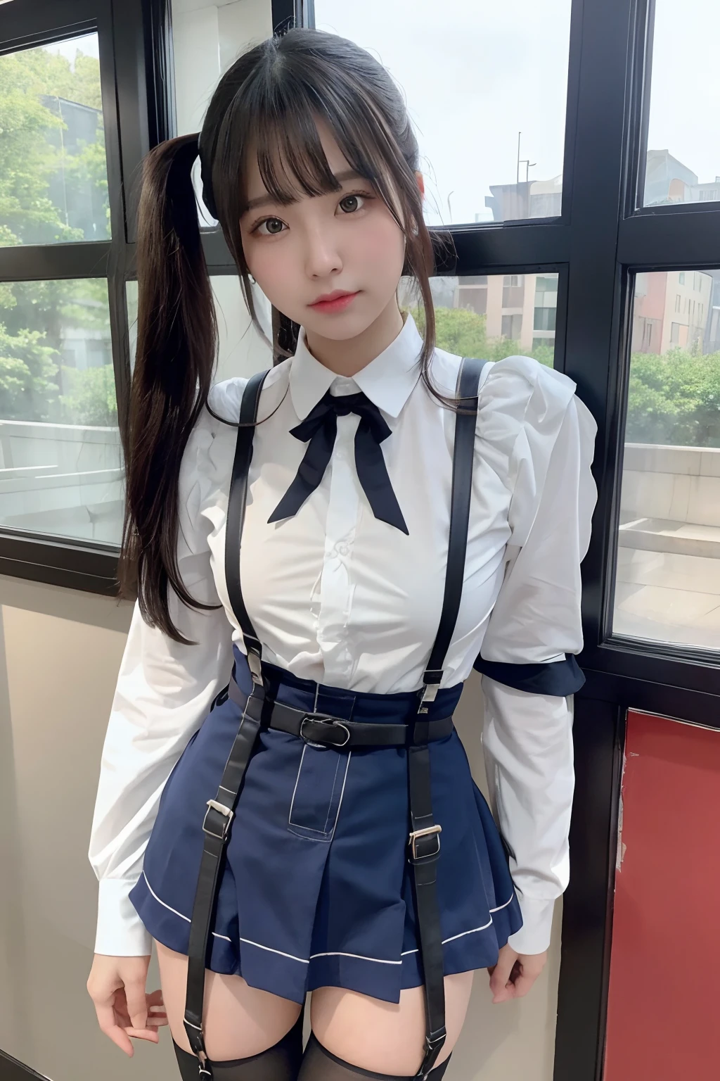 A cute girl is confined and tied up、Beauty、Make your eyes even、My hands are tied with ropes、Inside the mountain hut、White short-sleeved shirt、Navy semi-long skirt、Standing in front of a wall、Age 25、Medium build、Like real life、highest quality、