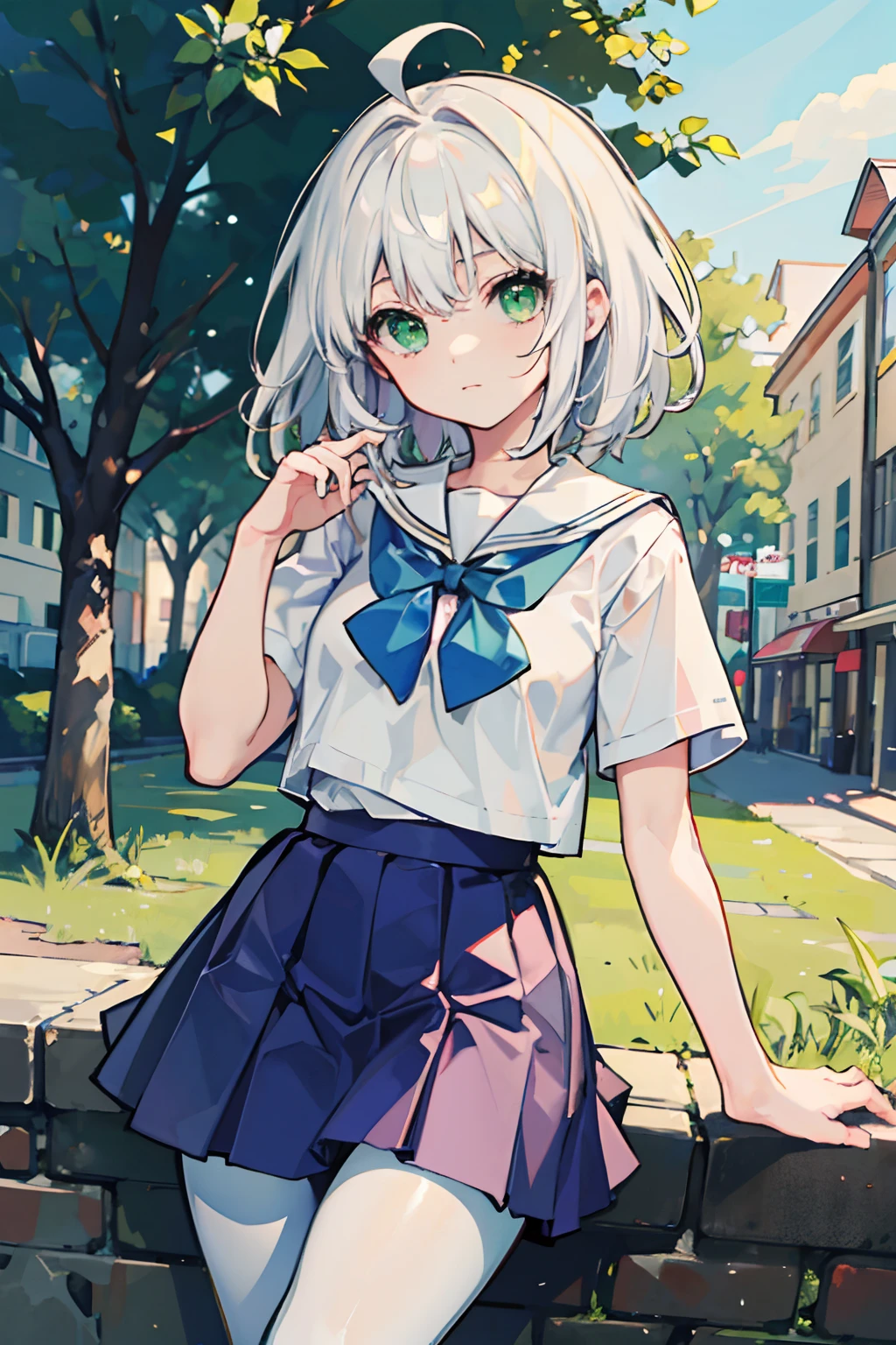 Masterpiece,Best quality,a beauty girl,Medium hair, White hair, ahoge, Green eyes, White pantyhose，school uniform