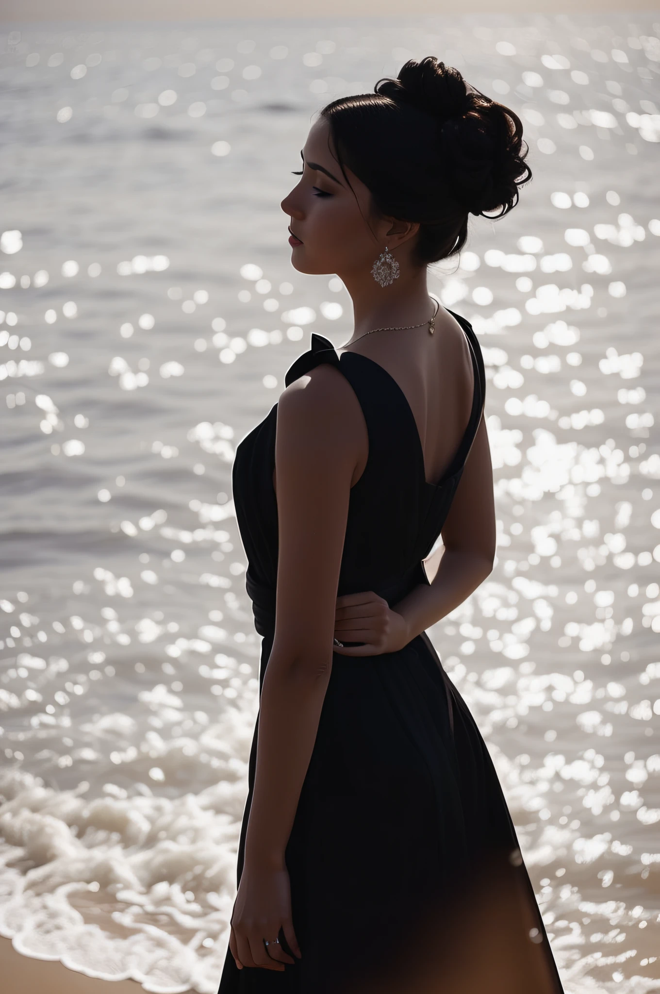 Araki woman in black dress standing on a beach near the water, an elegant woman in black dress, Dressed in elegant dresses, half-turned lady in evening gown, she wears a black dress, inspired by Max Dupain, flowing black gown, The light from the back window is backlighted, author:Sergio Burzi, Elegant dress, stunning elegant pose, chaumet style