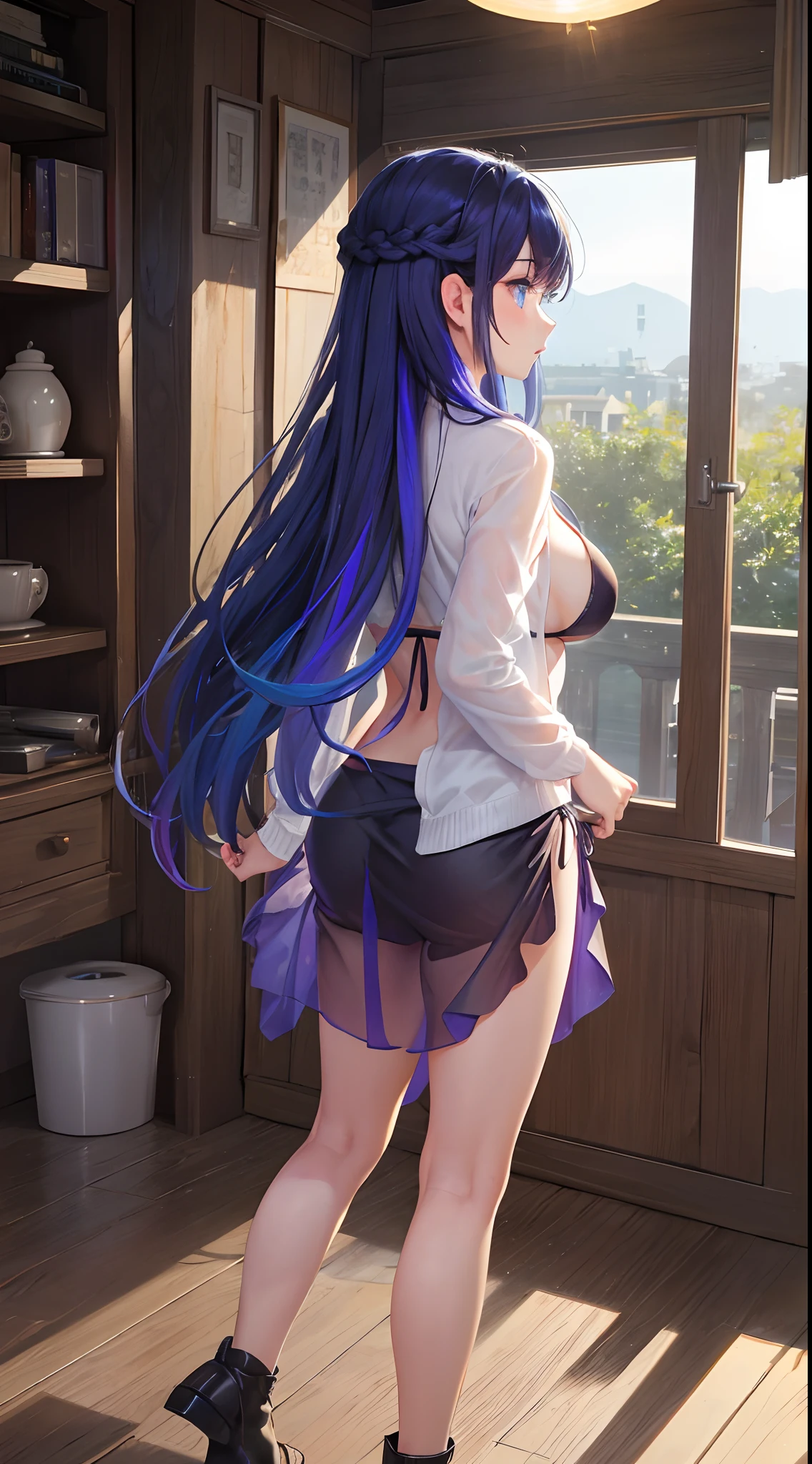 1girll, Abs beauty:1.3, (mid - length hair, huge tit:1.2),Cocked buttocks (Sheer cardigan bikini)Back shadow, Ultra-fine face, A detailed eye, 二重まぶた,Braided with rainbow hair,eBlue eyes (fully body photo), Solo, 1 girl,standing on your feet,during night,Firefly Plains,fine art photography,(Movie Angle: 1.2),(Best quality, Detailed details, Masterpiece, offcial art, ,)Facing away,Sheer hip wrap skirt