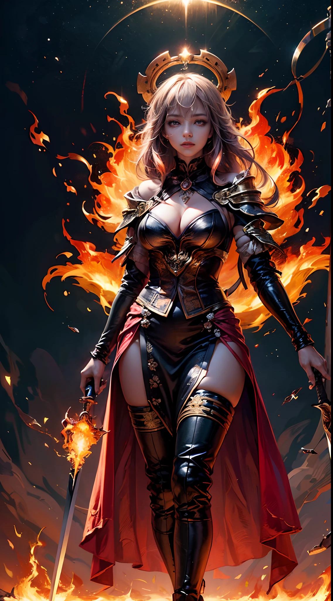 digital art, full body, masterpiece, best quality, in the center of the frame, 1woman holding a sword, empress, imposing pose, fire horns, ((casting a fire spell)), detailed face, super detailed glowing red eyes, ((glowin eyes:1.8)), long flowing red hair, detailed hair, well lit, illuminated environment, solo, (((looking at viewer:1.5))), long ceremonial costume, (((surrounding flames:1.3))), 8K.