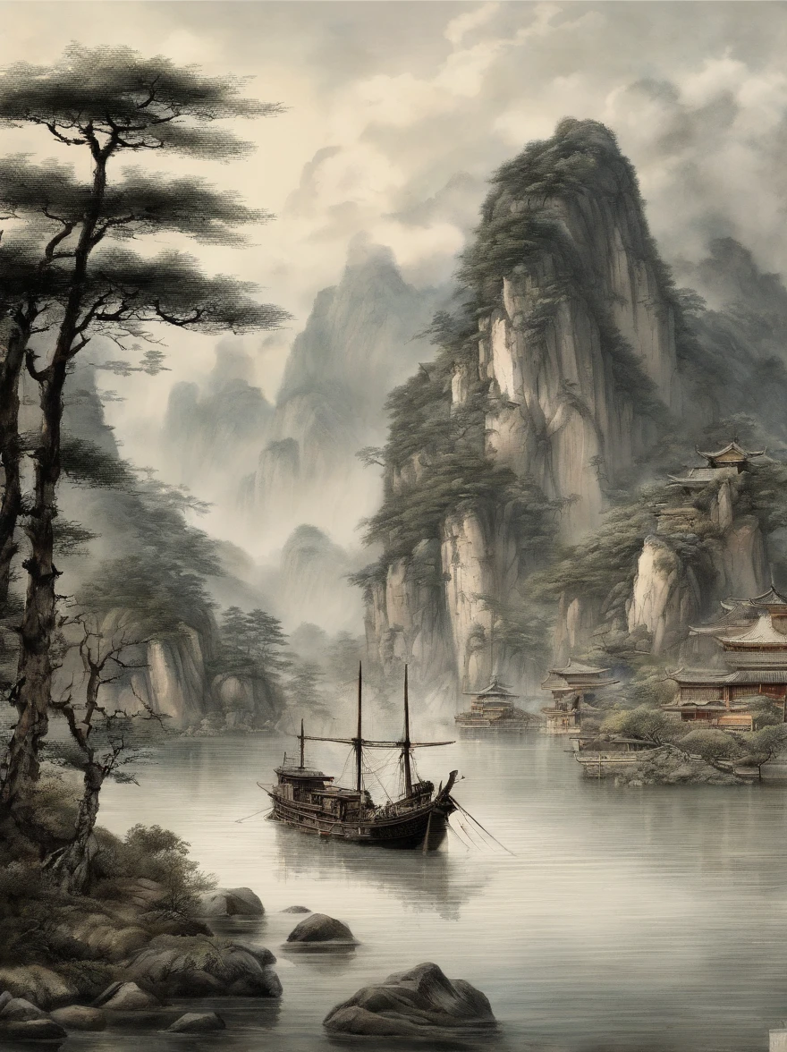 Chinese landscape painting，ink and watercolor painting，water ink，ink，Smudge，Faraway view，Ultra-wide viewing angle，Meticulous，Light boat in the distance，Faraway view，Meticulous，Smudge，low-saturation，Low contrast，The light boat has crossed the Ten Thousand Heavy Mountains，Beautifully depicted，A detailed，acurate，Works of masters，tmasterpiece