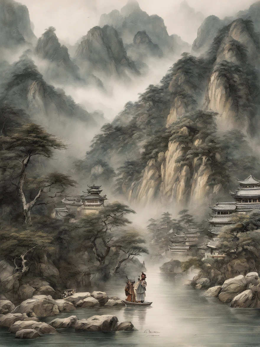 Chinese landscape painting,ink and watercolor painting,water ink,ink,Smudge,Faraway view,Ultra-wide viewing angle,Meticulous,Light boat in the distance,Faraway view,Meticulous,Smudge,low-saturation,Low contrast,The light boat has crossed the Ten Thousand Heavy Mountains,Beautifully depicted,A detailed,acurate,Works of masters,tmasterpiece