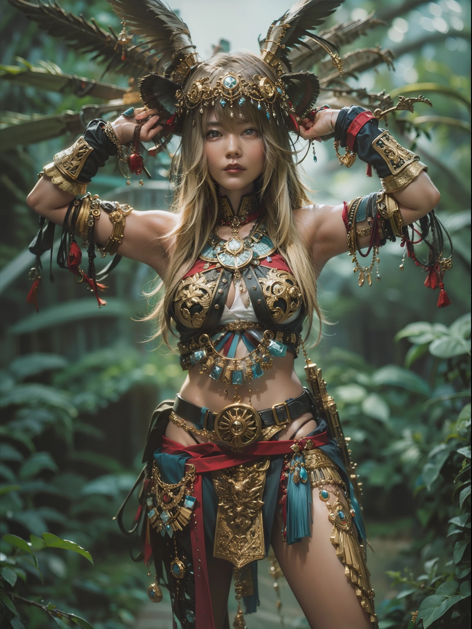 Beautiful woman in insanely complex Amazon warrior costume