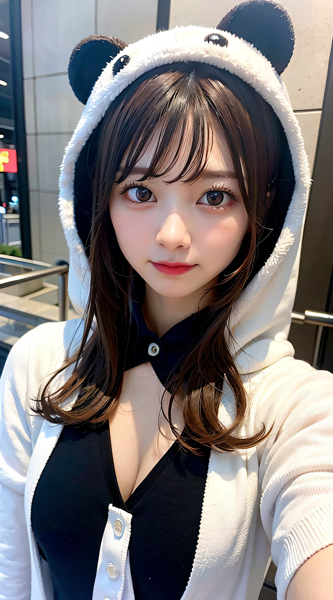 (8K, Raw photo:1.2)Detailed face and eyes,Best Quality, 超A high resolution, Highly detailed ,intricate detailes ,masutepiece ,Cute Girl , Soft cinematic light, Hyper-detailing,Sharp Focus, High quality, Kigurumi,dark circles, Bear no Kigurumi, tits out