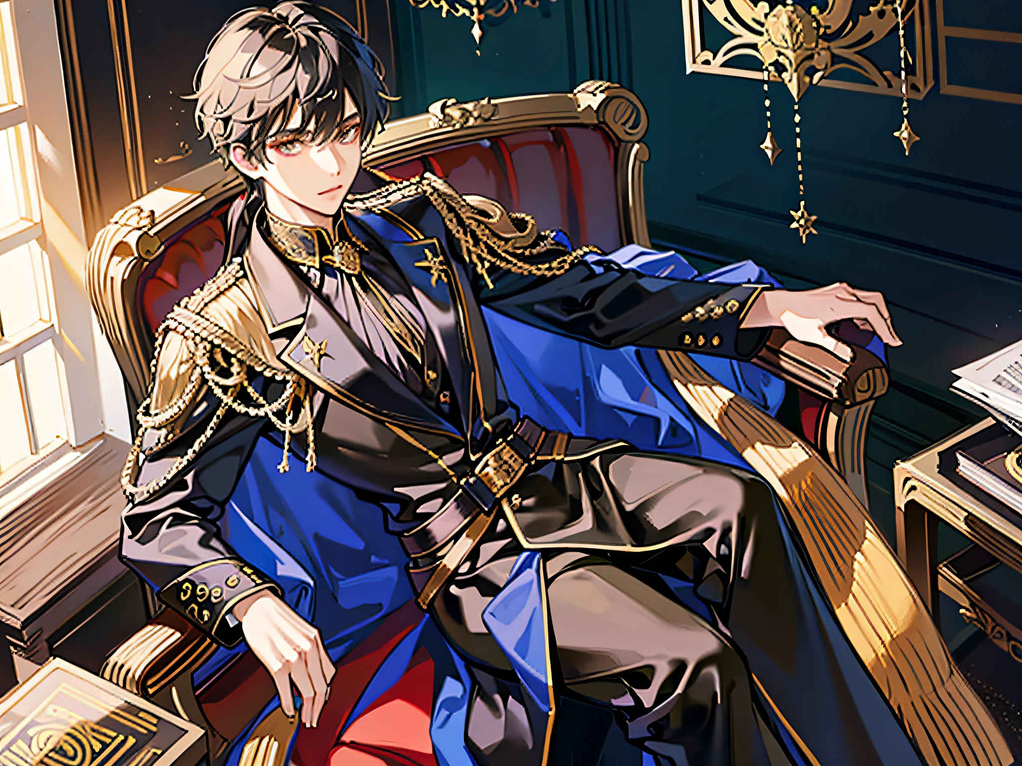 "(Prince), Dressed in elegant black and gold costume, On the solemn throne sofa々and sit down, Against the backdrop of gorgeous royal walls, Capture in spectacular full-body shots."