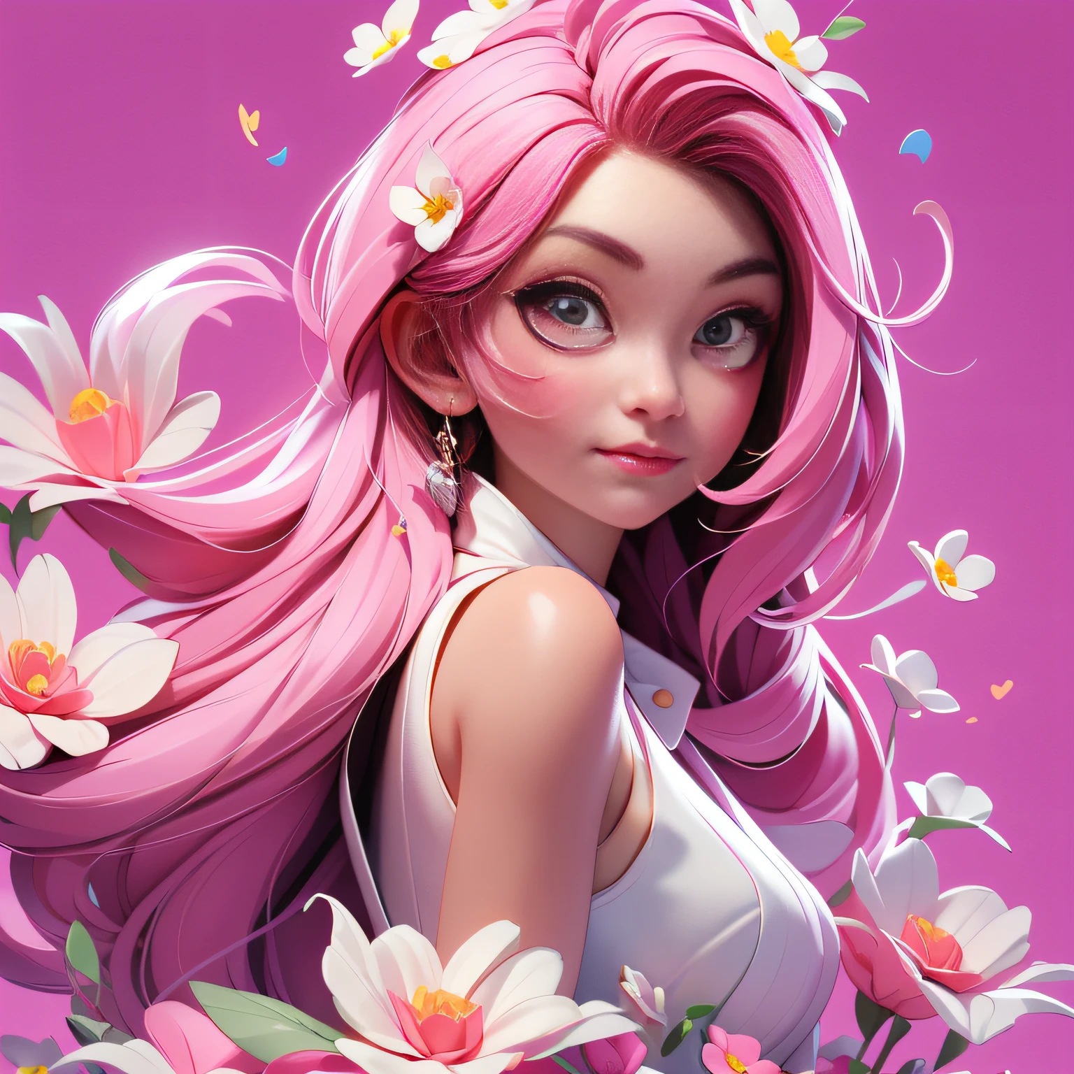 (Best Quality, Masterpiece), 1girl, Pose, Wind, Flower, Upper Body, White and Pink Color Scheme, Simple Background, Look at the Viewer