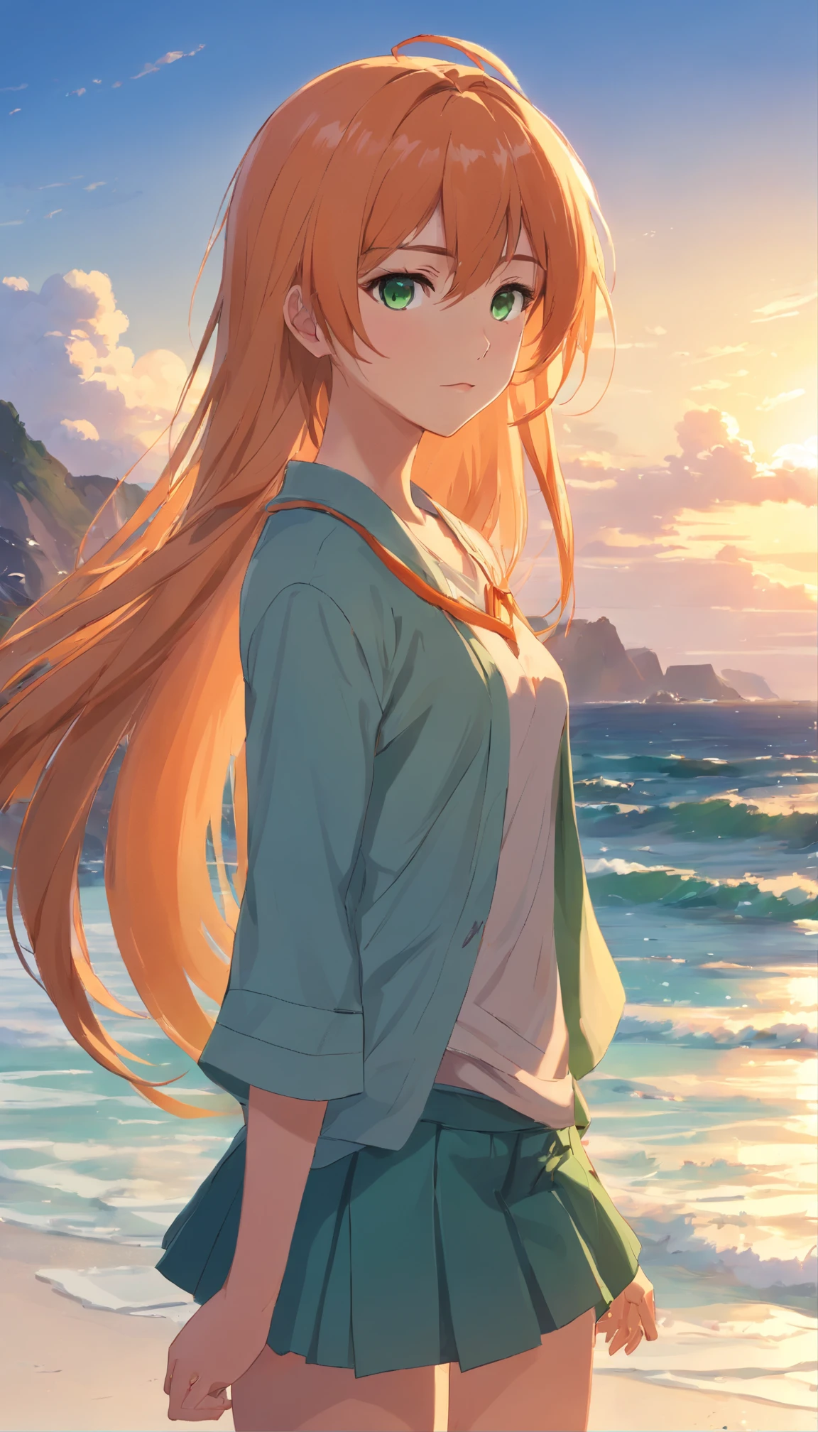 anime girl with long orange hair standing on beach near ocean, green eyes detailed digital anime art, anime girl with long hair, smooth anime cg art, anime girl with long hair, digital anime art, artwork in the style of guweiz, beautiful anime portrait, photorealistic anime girl render, beautiful anime girl, advanced digital anime art, guweiz on artstation pixiv upscale HD UHD HQ