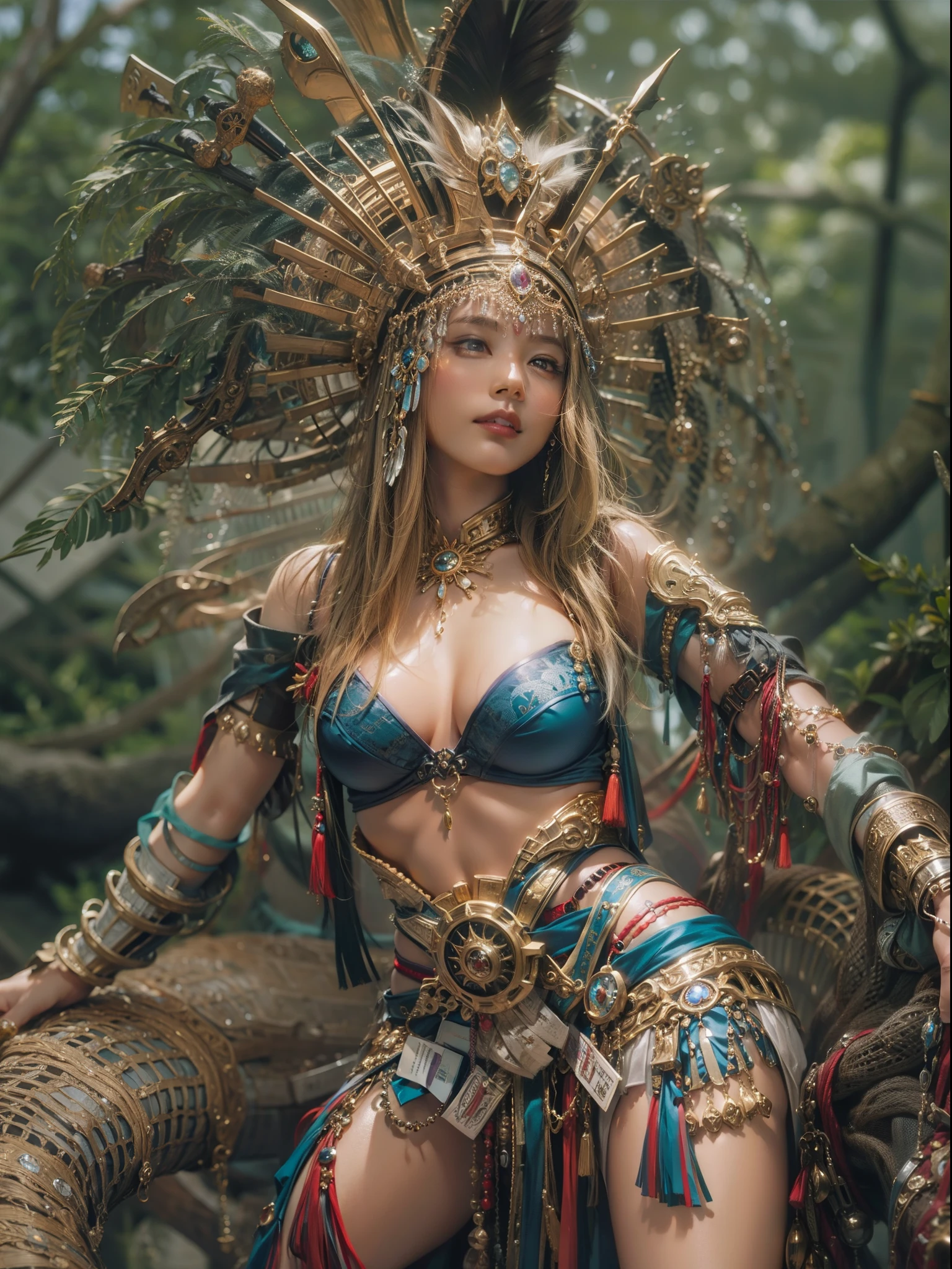 Beautiful woman in insanely complex Amazon warrior costume