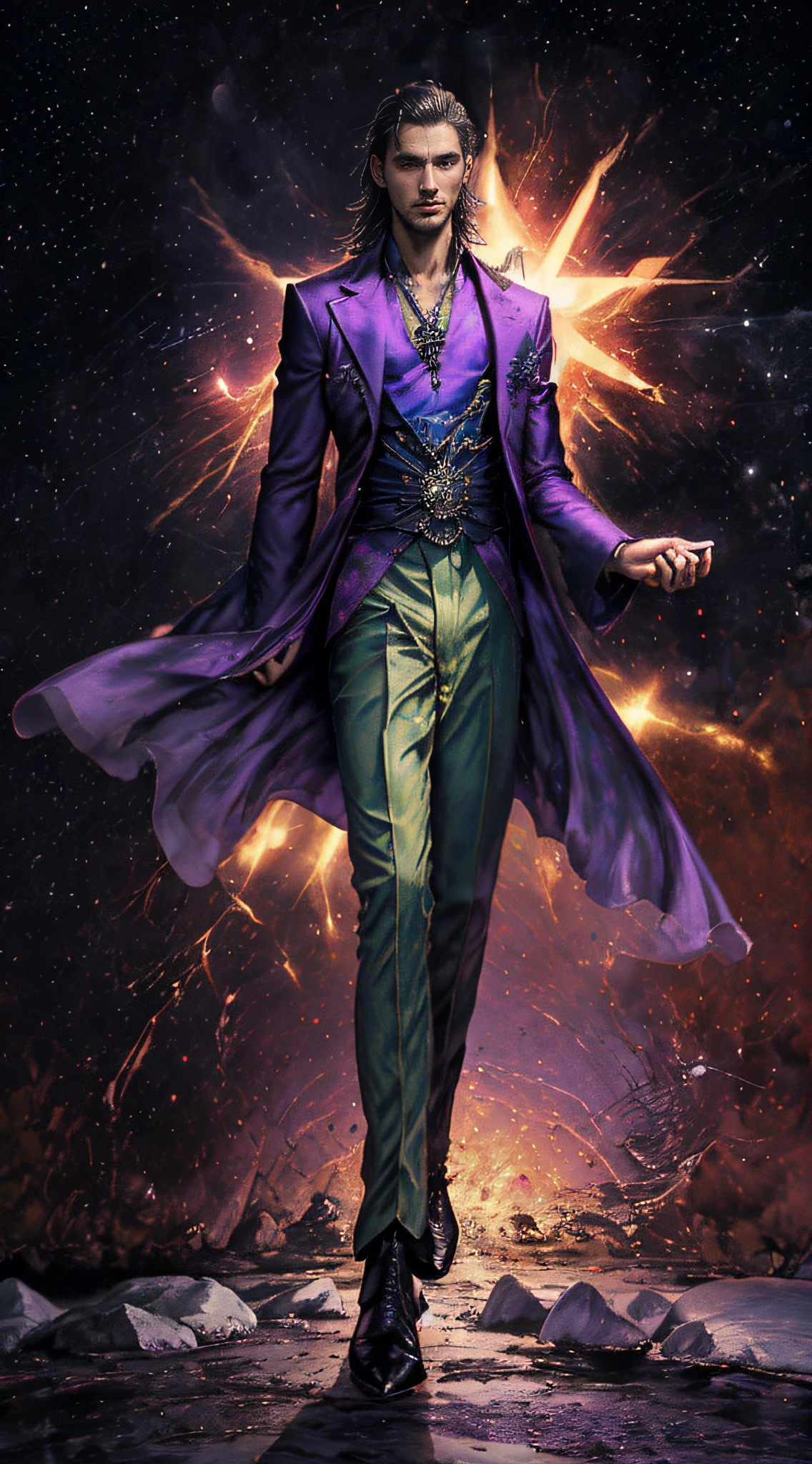 Mestre Saint Germain, homem com cabelo curto e barba, Roupa violeta, roupas de mago, Violet flame in hand, Cidade da paisagem da luz, Monte Shasta, Cruz de Malta no peito, Cruz das Cruzadas, 50 anos, With the Maltese cross on his chest and the violet flame in his hand looking at his whole body, appears from head to toe displaying his violet shoes with precious stones, show legs too, tem que ser imagem do corpo todo. barba, barba, com barba