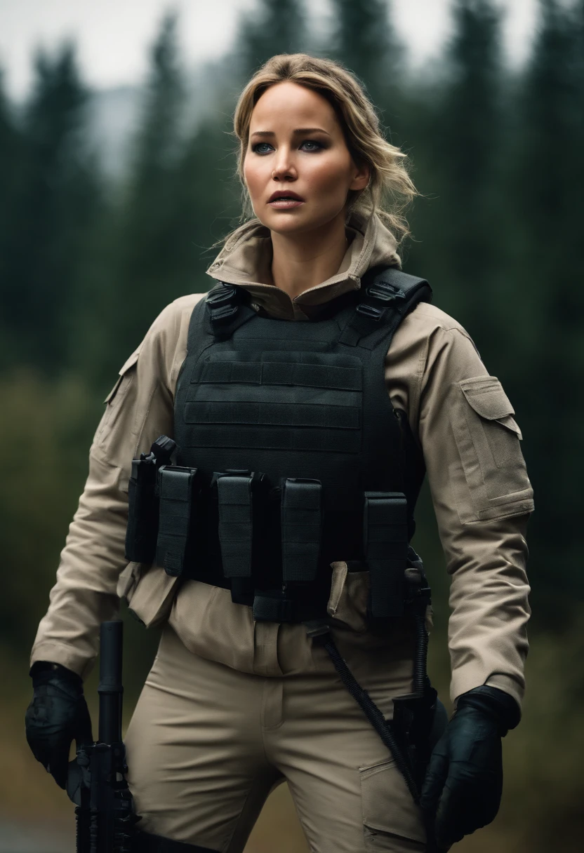 Jennifer Lawrence in special force suit, natural breast, high resolution, realistic art, fighting zombies, 1 mature female, 1 milf, solo, in roof top, green blood splatter, serious face, mouth closed ray tracing, perfect lighting, perfect detail,