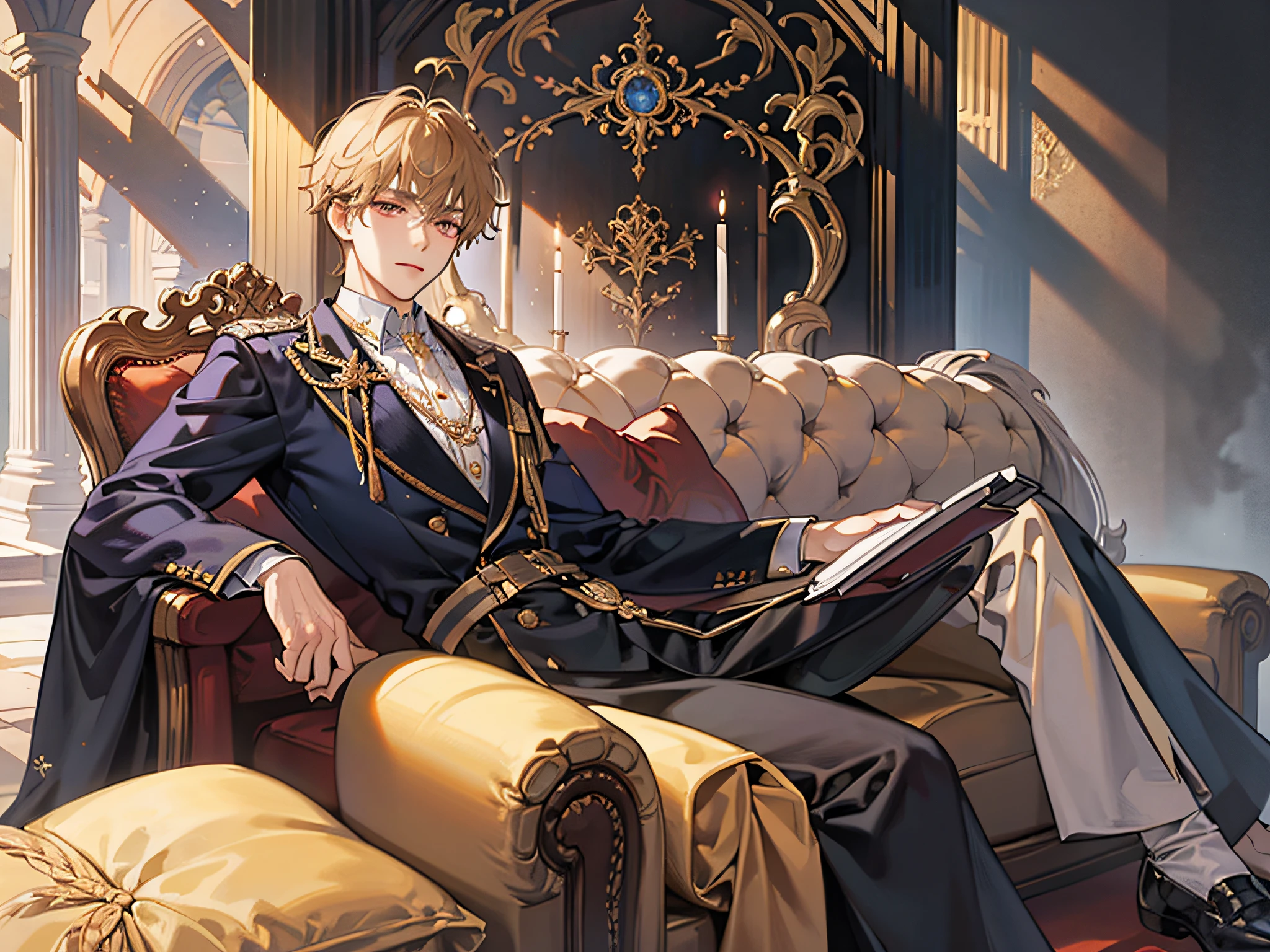 "(Prince), Dressed in elegant black and gold costume, On the solemn throne sofa々and sit down, Against the backdrop of gorgeous royal walls, Capture in spectacular full-body shots."