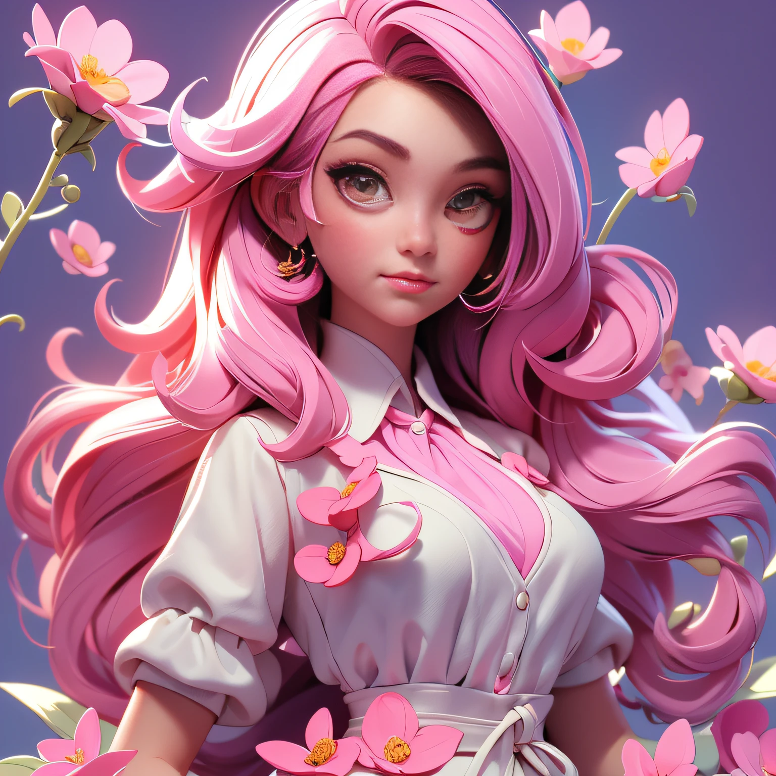 (Best Quality, Masterpiece), 1girl, Pose, Wind, Flower, Upper Body, White and Pink Color Scheme, Simple Background, Look at the Viewer