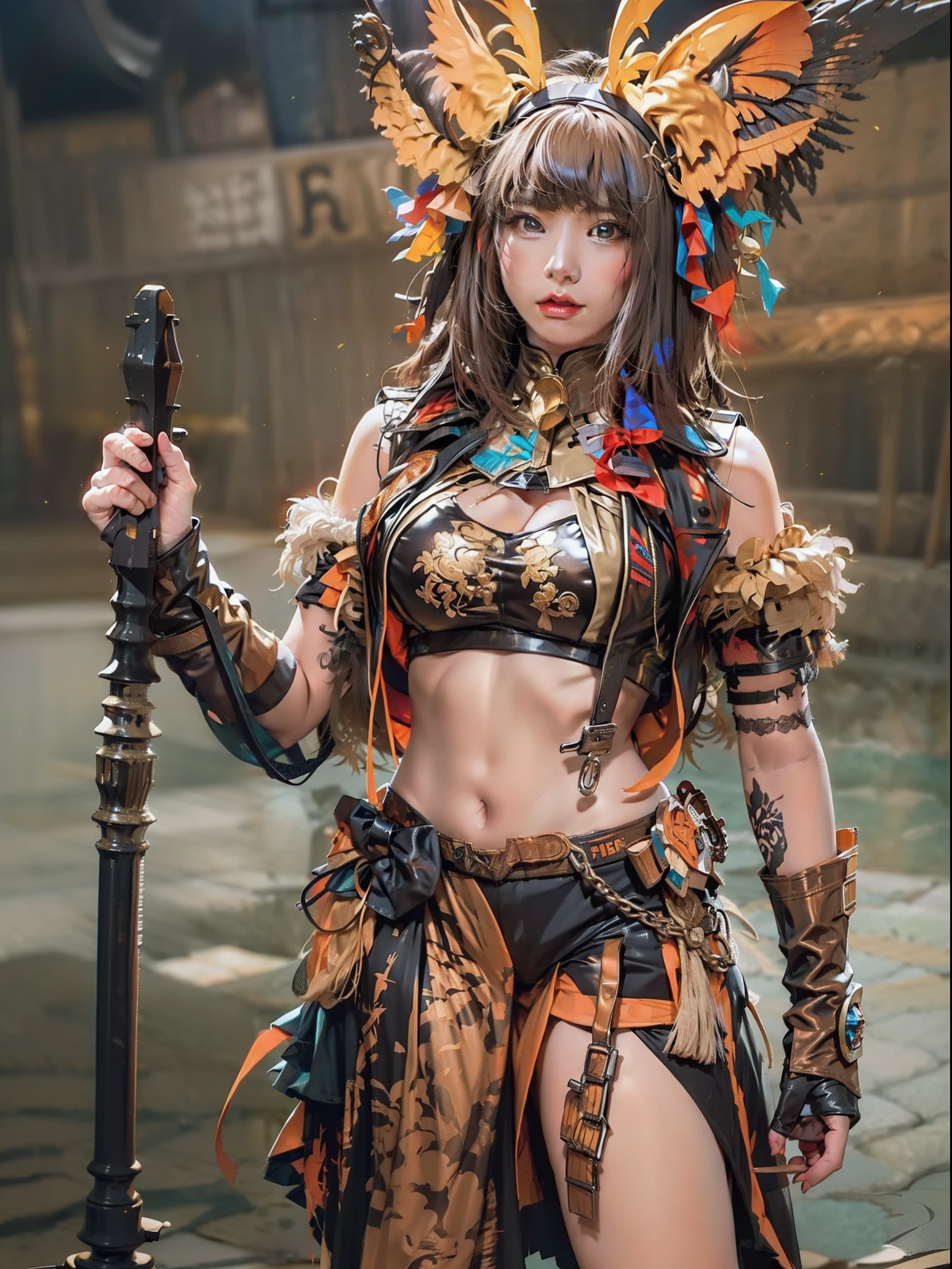 Beautiful woman in insanely complex Amazon warrior costume
