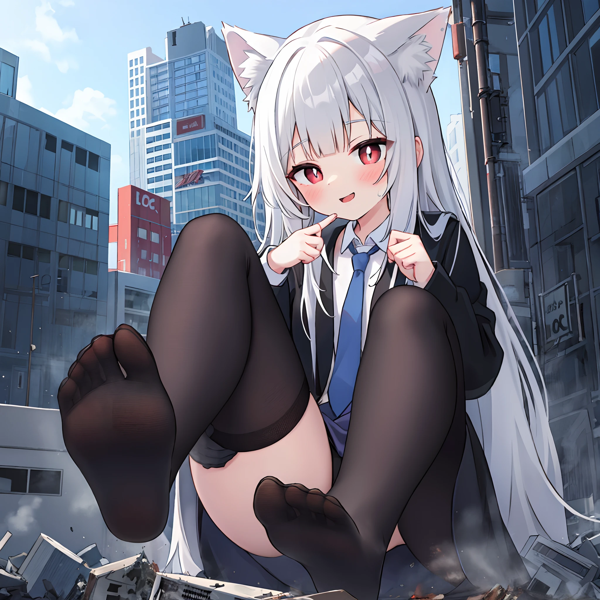 1girll, , nice hand, Two legs, Five fingers, full bodyesbian, Bigger than the building,No shoes,{Black stockings},Black jacket with white shirt ,Blue tie,Dark gray hair,Wolf ears,Light red eyes,A cold expression, {Destroyed buildings}, GTSCity, As a giantess, Bright pupils, Smile, Naughty face, 16k, High quality, High details, Anatomically correct, Textured skin,