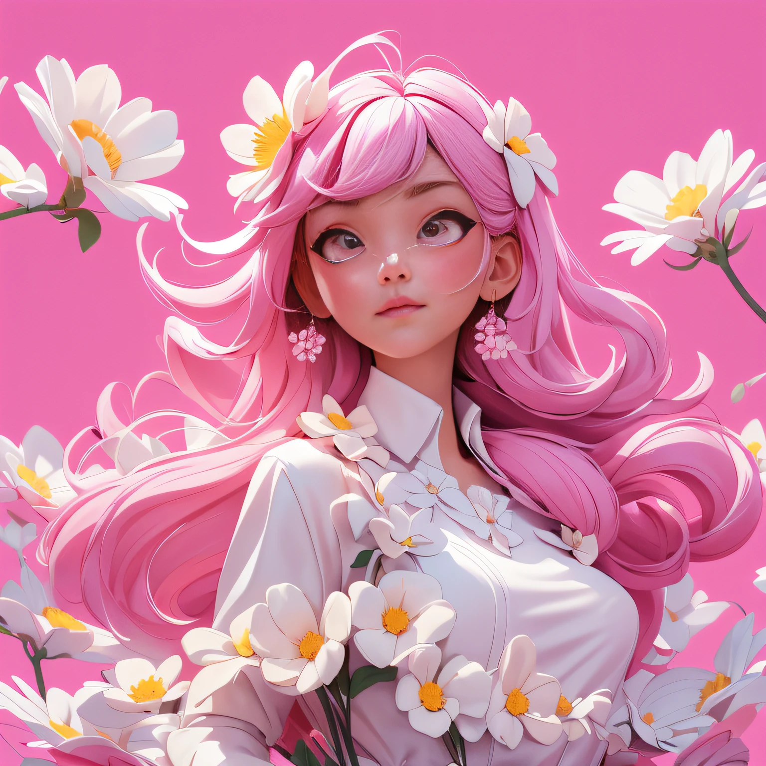 (Best Quality, Masterpiece), 1girl, Pose, Wind, Flower, Upper Body, White and Pink Color Scheme, Simple Background, Look at the Viewer